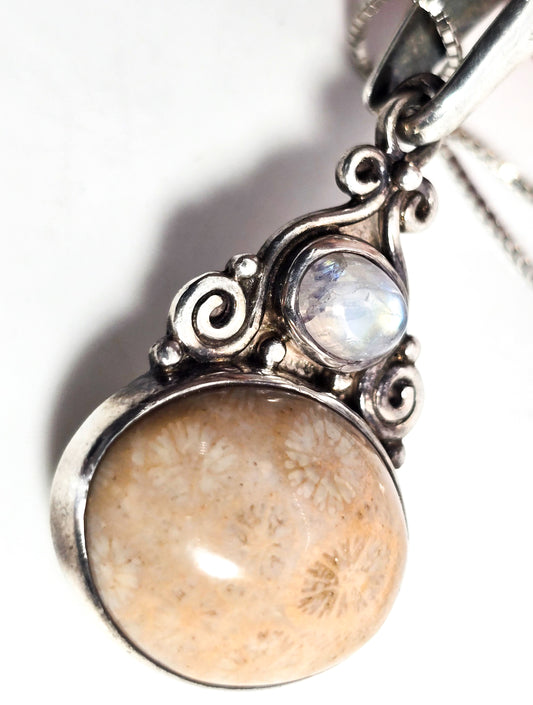 Sajen rainbow moonstone fossilized coral tribal Bali sterling silver 24" necklace