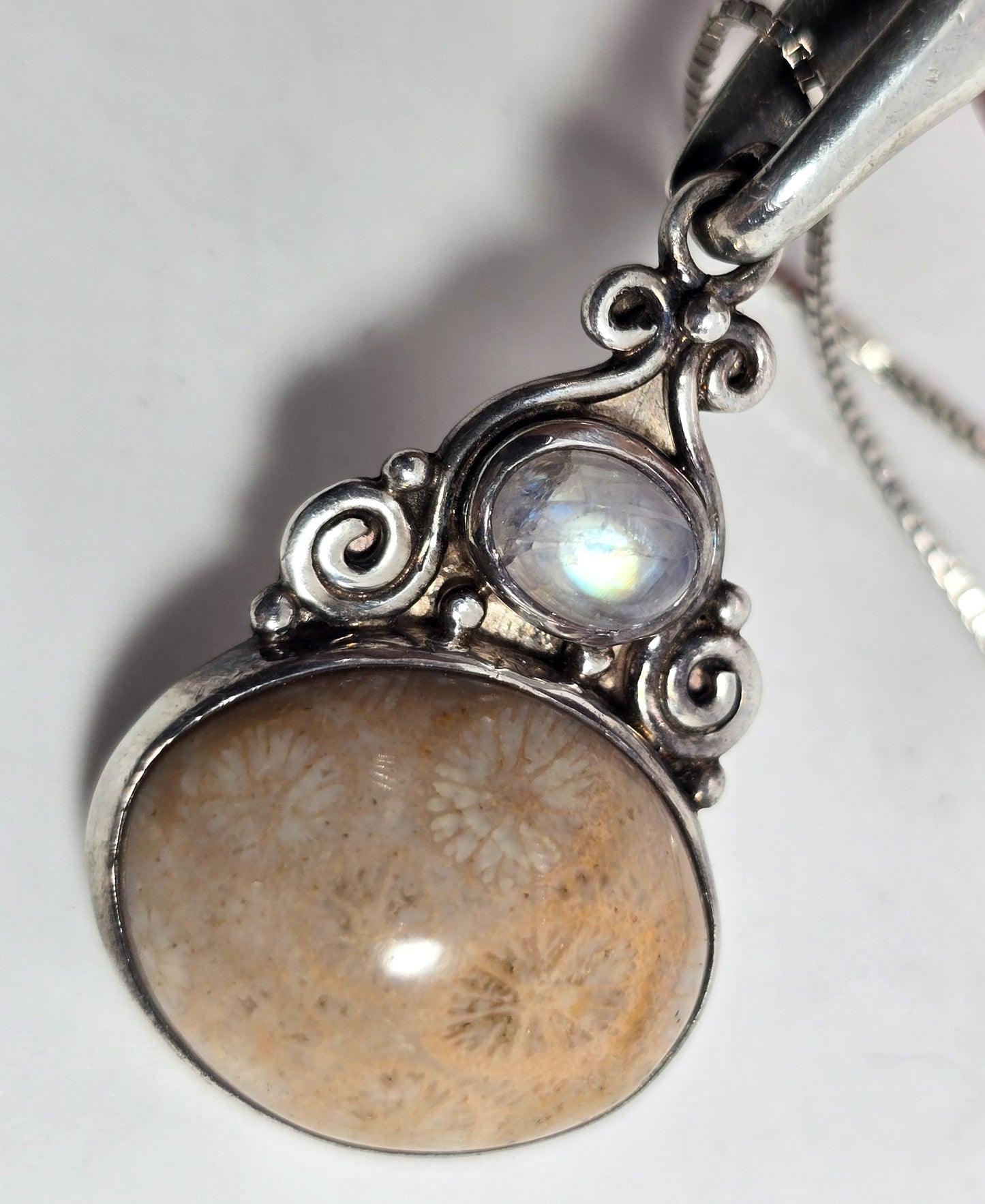 Sajen rainbow moonstone fossilized coral tribal Bali sterling silver 24" necklace