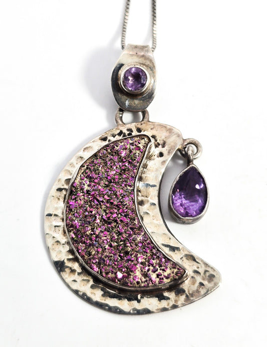 Purple Aura druzy Quartz crescent moon sterling silver amethyst pendant necklace