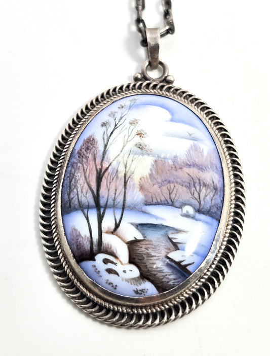Russian Rostov Finift painted enamel winter landscape silver necklace
