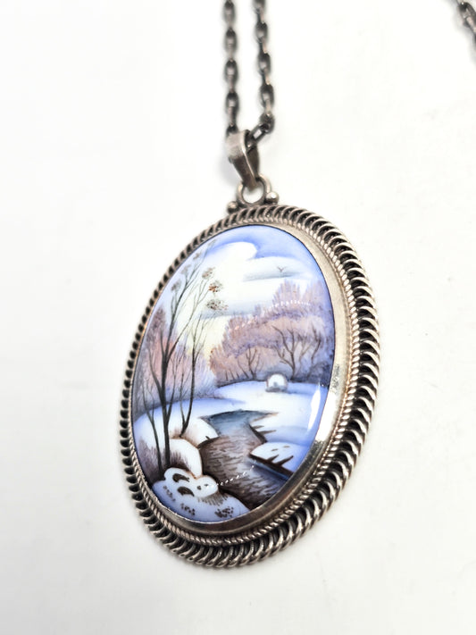 Winter landscape hand painted beautiful enamel vintage silver necklace