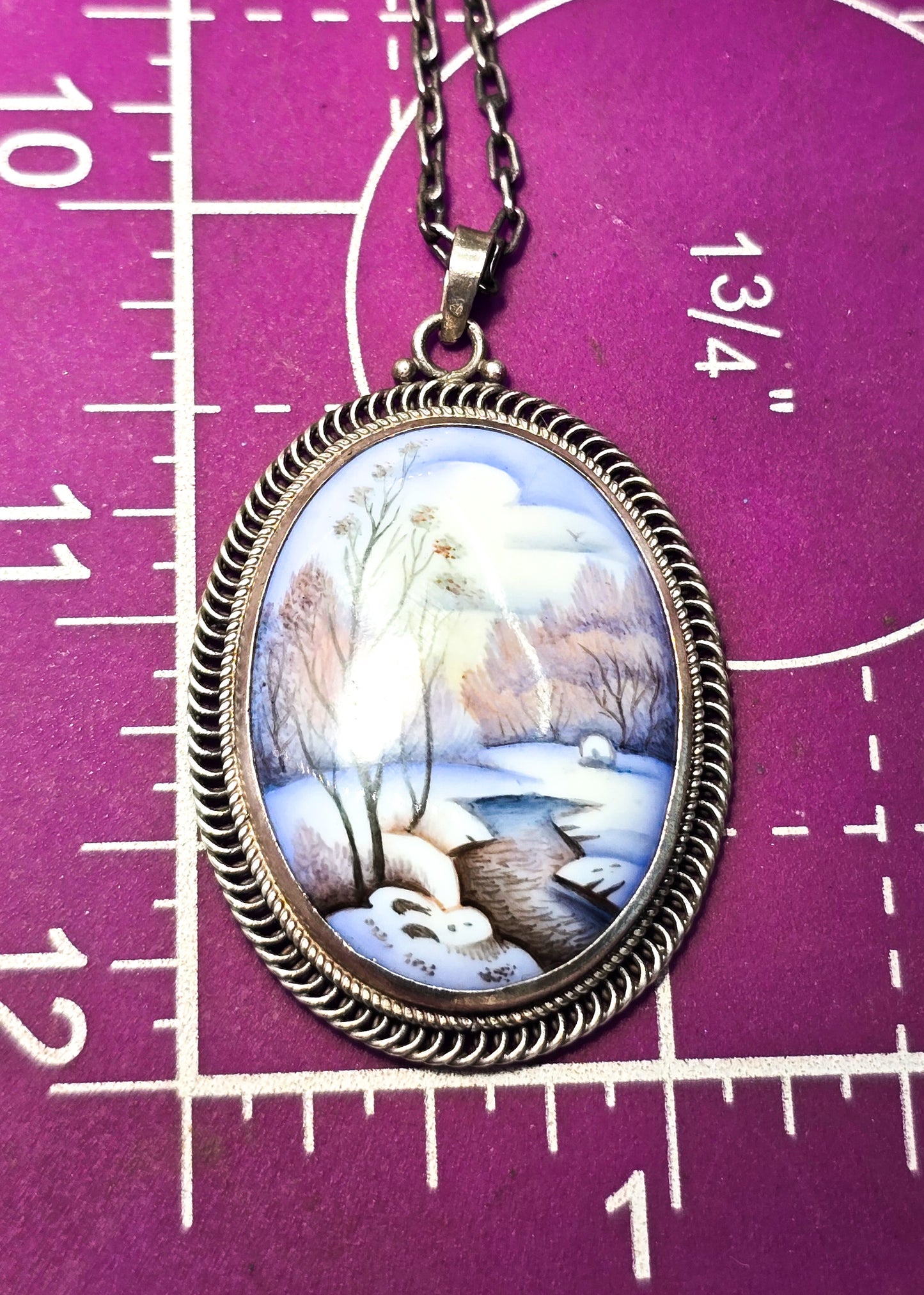 Russian Rostov Finift painted enamel winter landscape silver necklace