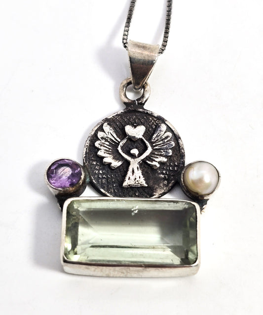 Protection guardian Angel Prasiolite green amethyst pearl sterling silver necklace