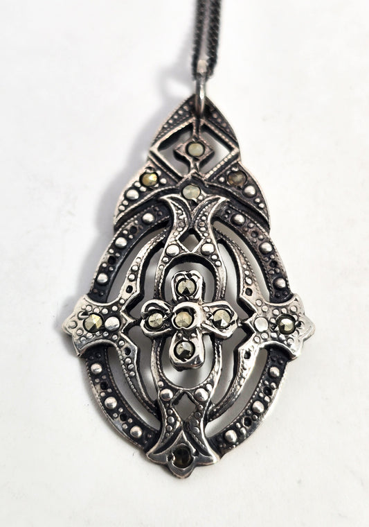 Antique Marcasite open work antique Art Deco sterling silver pendant necklace