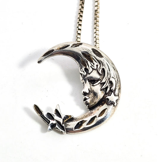 Celestial crescent moon face goddess star Sterling silver vintage pendant necklace