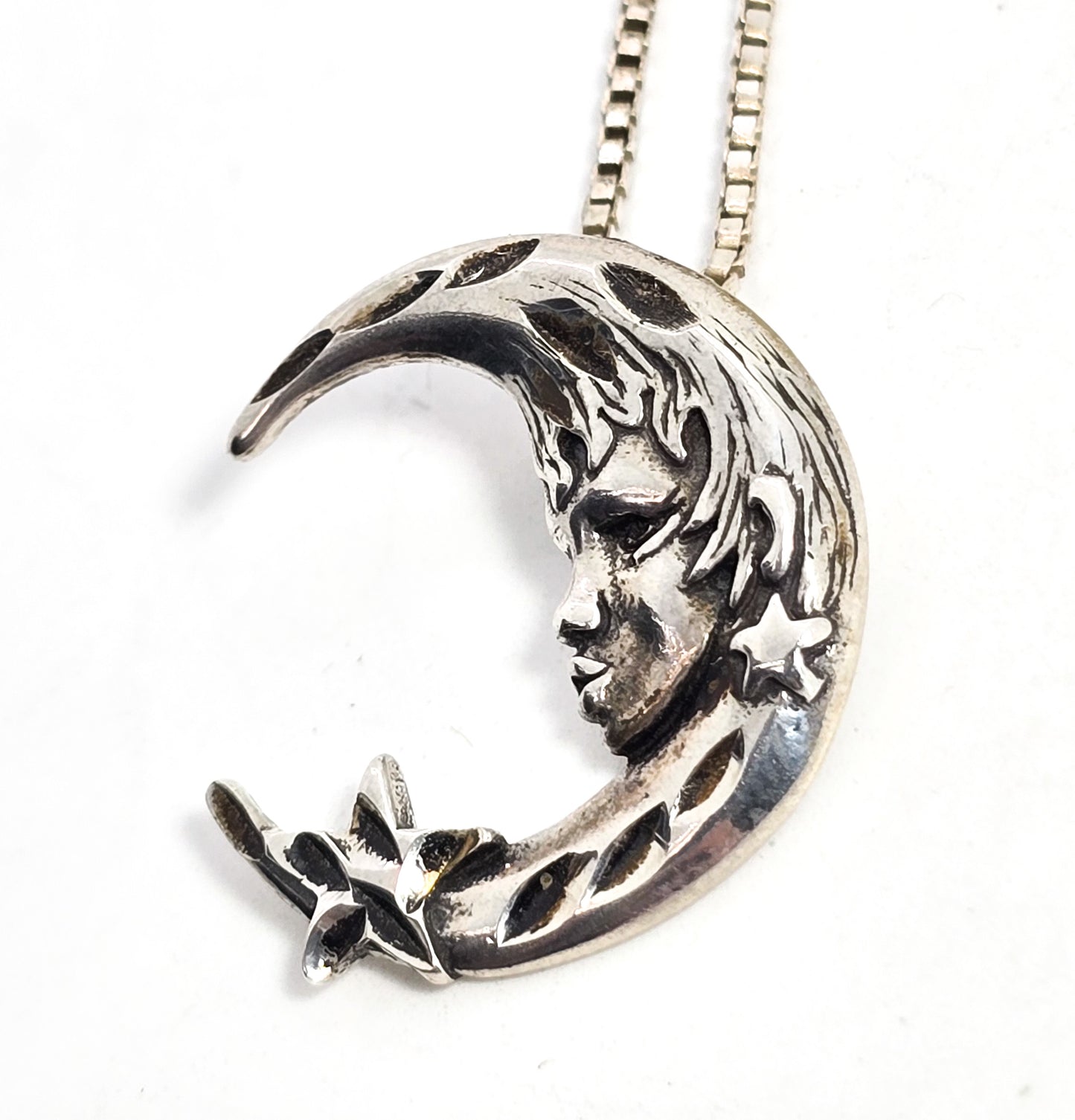 Celestial crescent moon face goddess star Sterling silver vintage pendant necklace