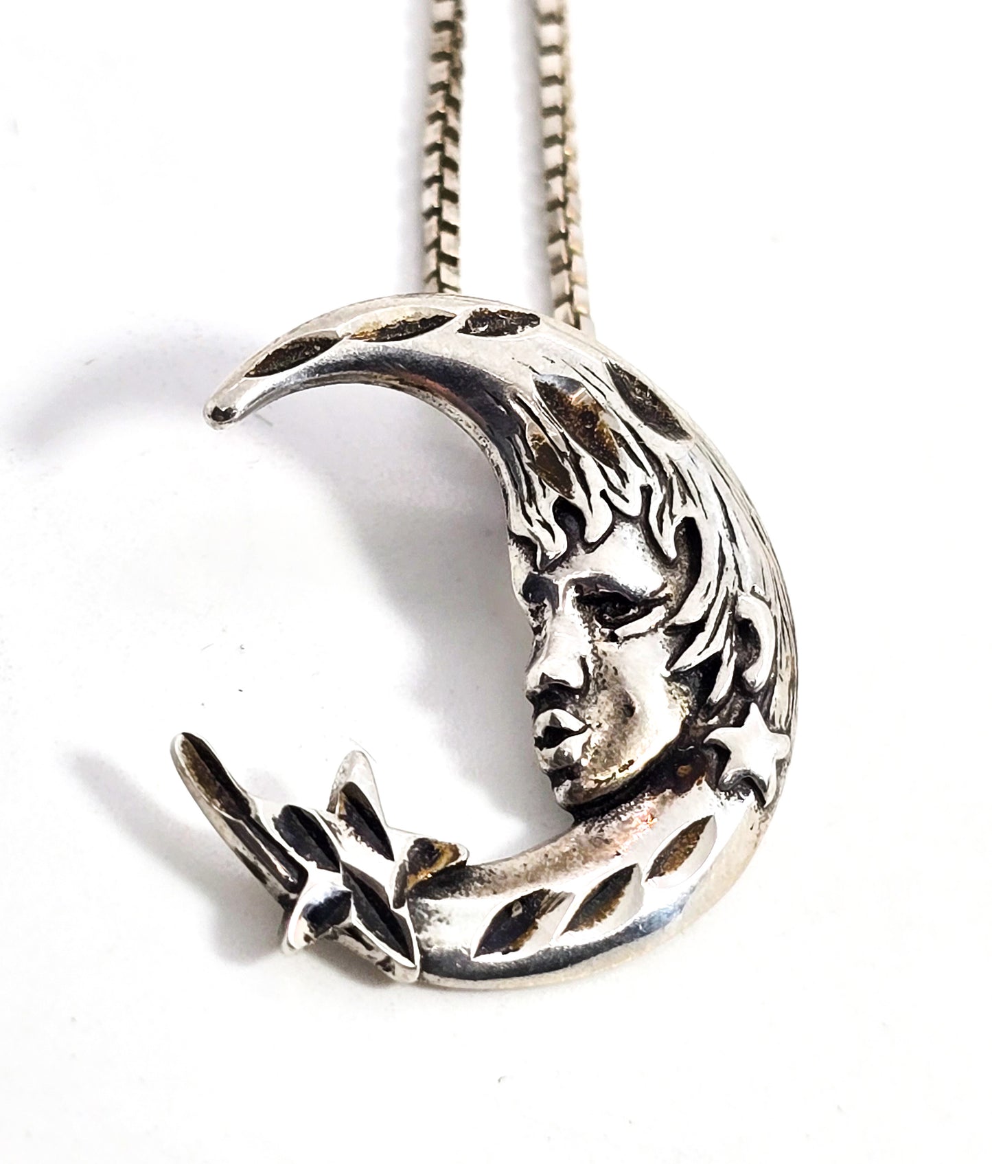 Celestial crescent moon face goddess star Sterling silver vintage pendant necklace