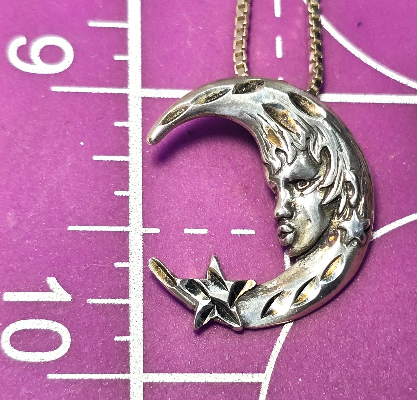 Celestial crescent moon face goddess star Sterling silver vintage pendant necklace