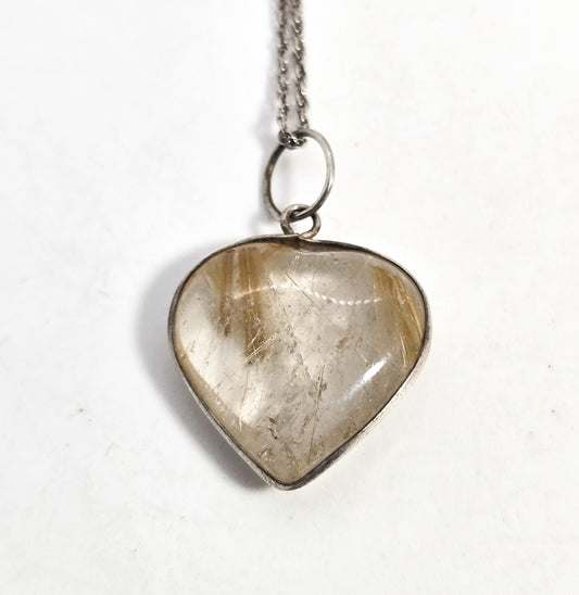 Golden Rutile Rutilated Quartz gemstone sterling silver heart pendant necklace