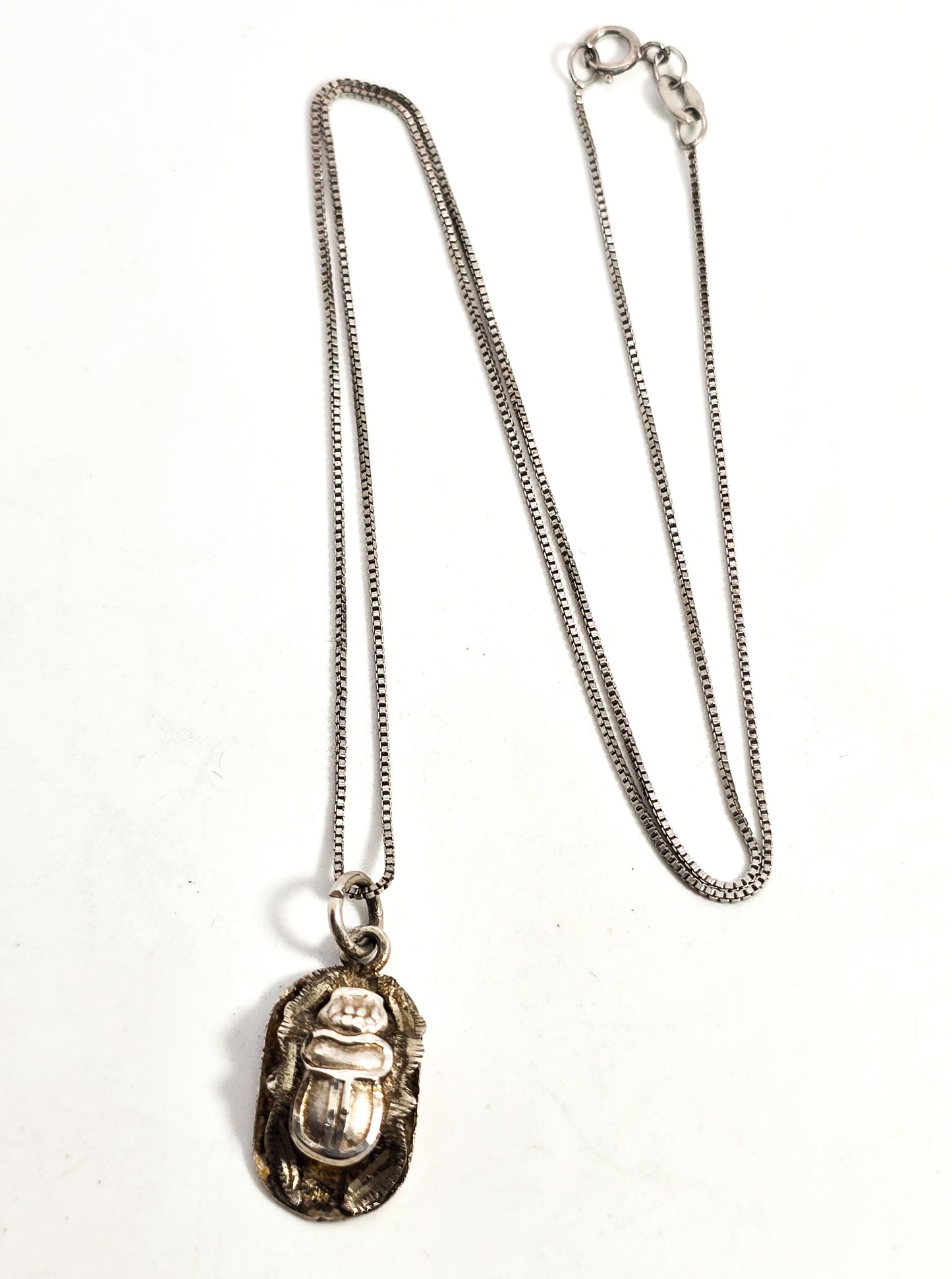 Egyptian Scarab Khepri beetle vintage sterling silver hieroglyphic necklace