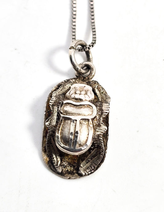 Egyptian Scarab Khepri beetle vintage sterling silver hieroglyphic necklace