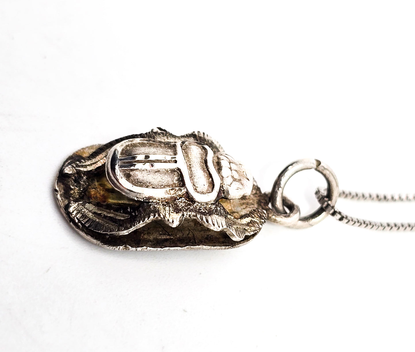 Egyptian Scarab Khepri beetle vintage sterling silver hieroglyphic necklace