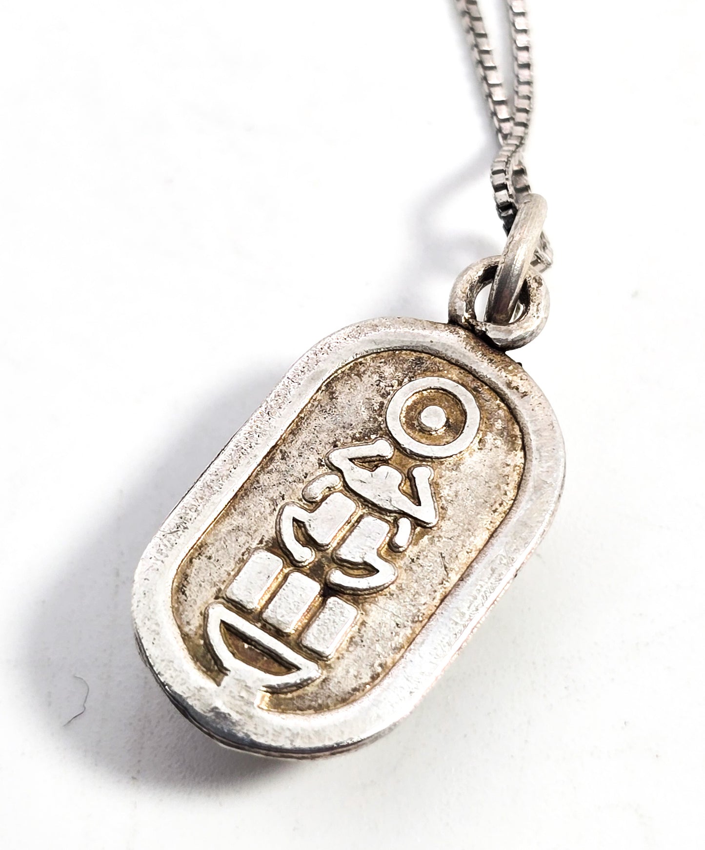 Egyptian Scarab Khepri beetle vintage sterling silver hieroglyphic necklace
