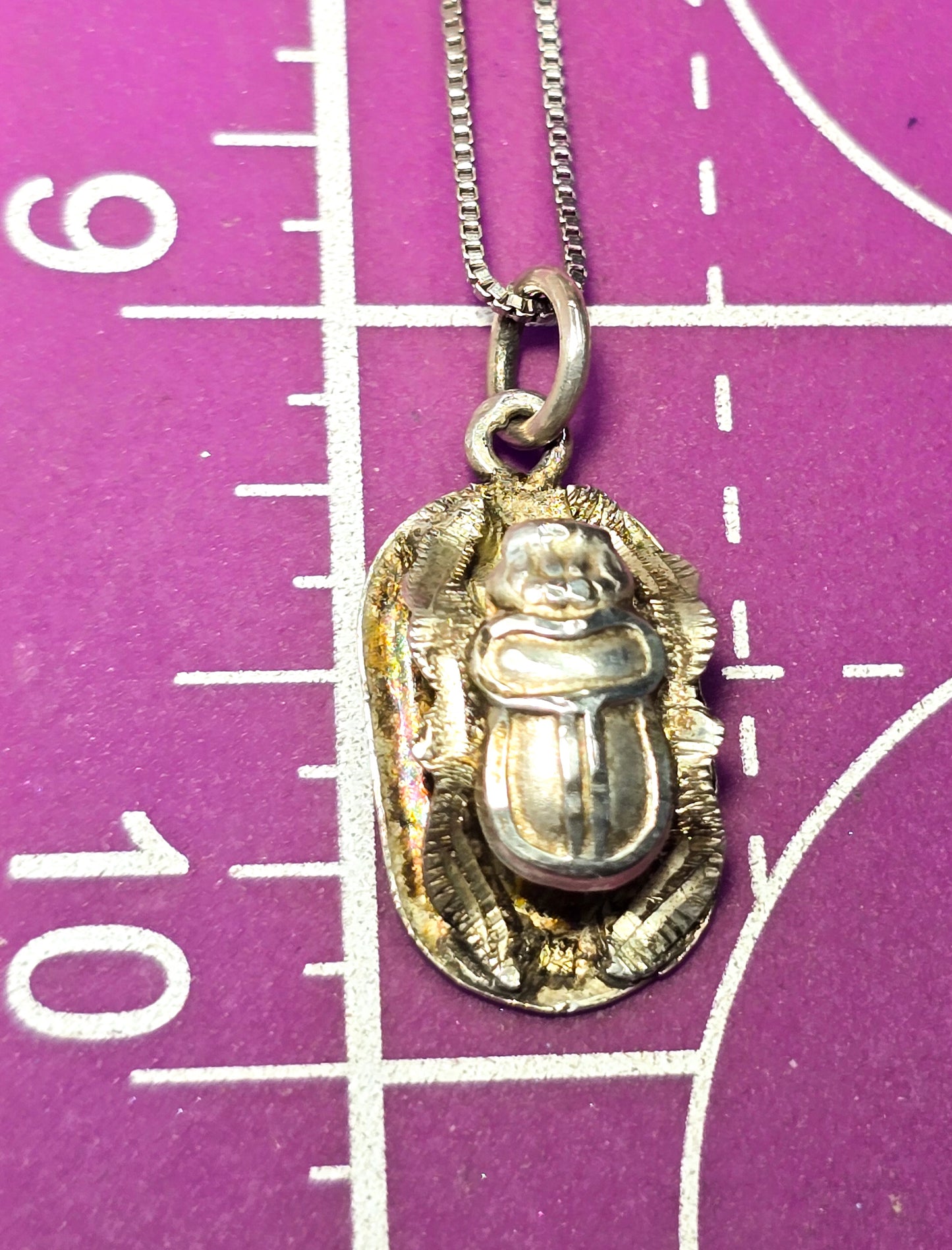 Egyptian Scarab Khepri beetle vintage sterling silver hieroglyphic necklace