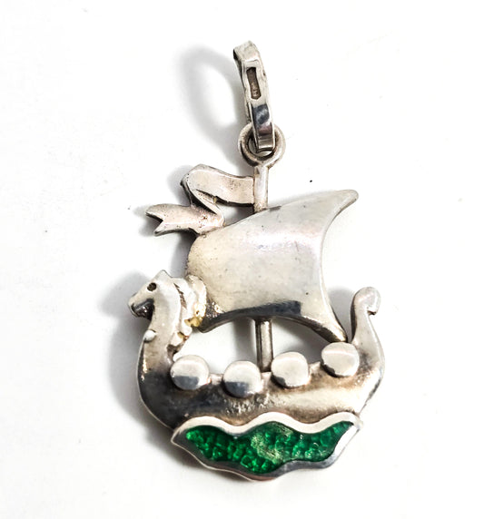 Viking ship Guilloche Norway Sterling Silver Green Enameled stamped pendant