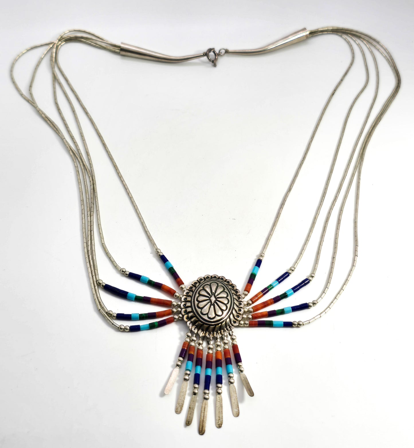 Liquid silver colored Heishi tube bead Native American sterling silver concho necklace