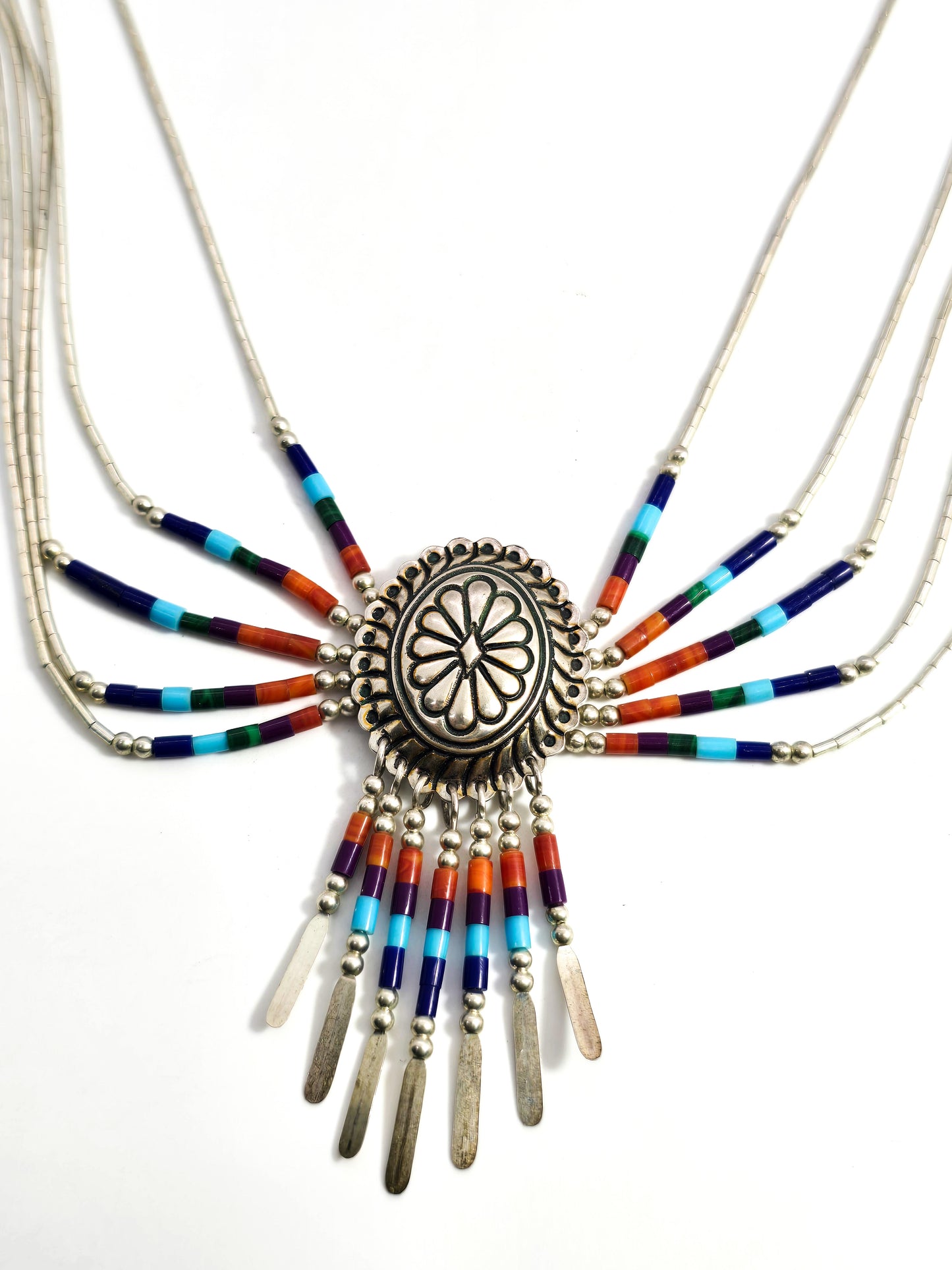 Liquid silver colored Heishi tube bead Native American sterling silver concho necklace