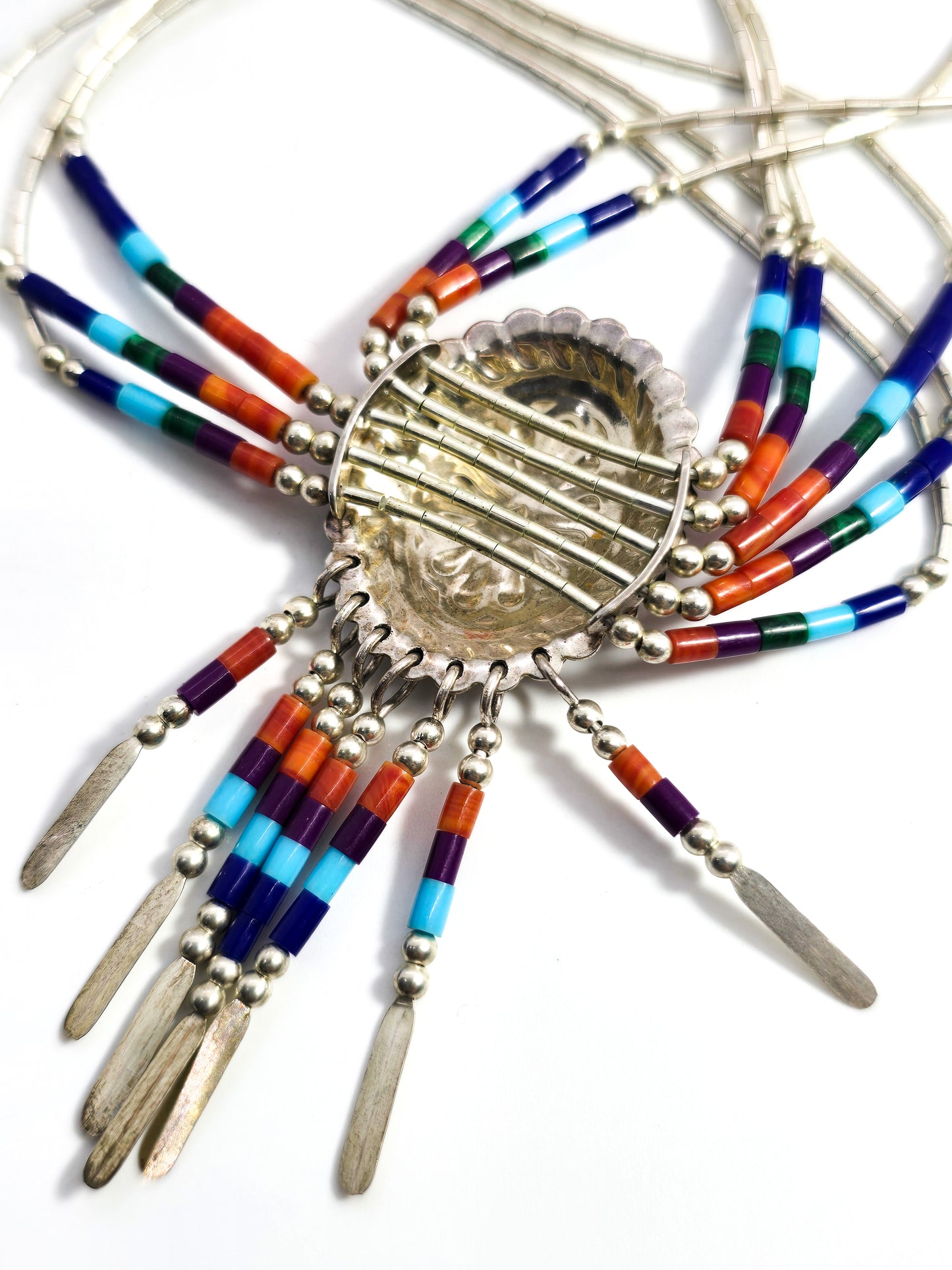 Liquid silver colored Heishi tube bead Native American sterling silver concho necklace