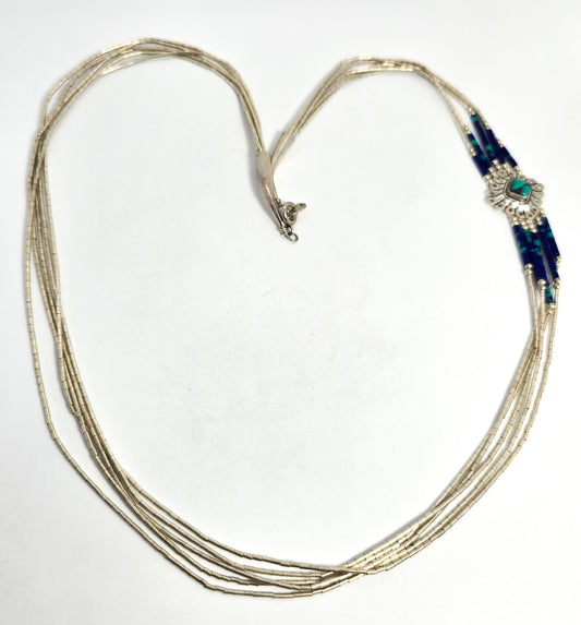 STC Liquid silver Chrysocolla Heishi tube bead sterling silver vintage concho necklace