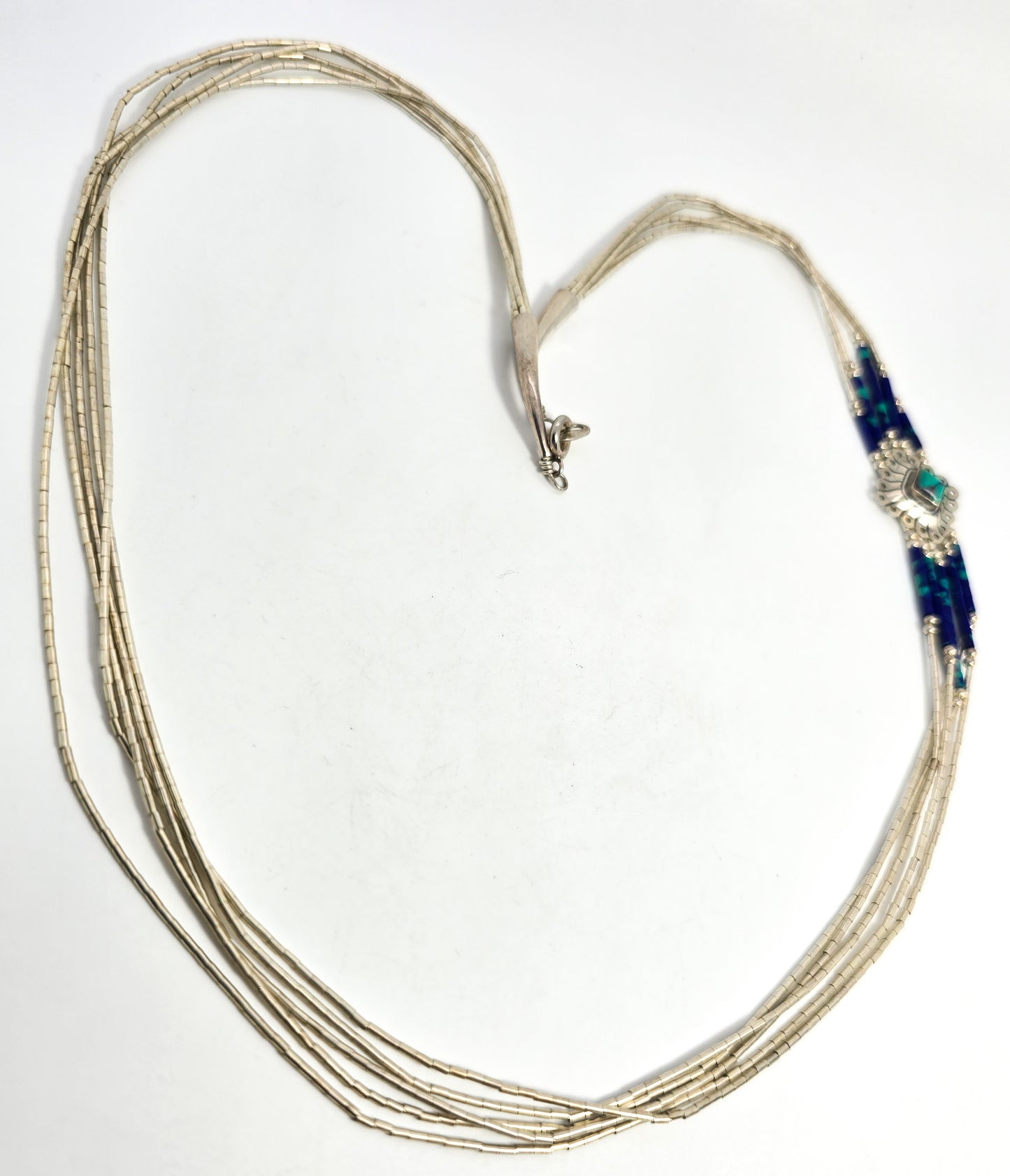STC Liquid silver Chrysocolla Heishi tube bead sterling silver vintage concho necklace