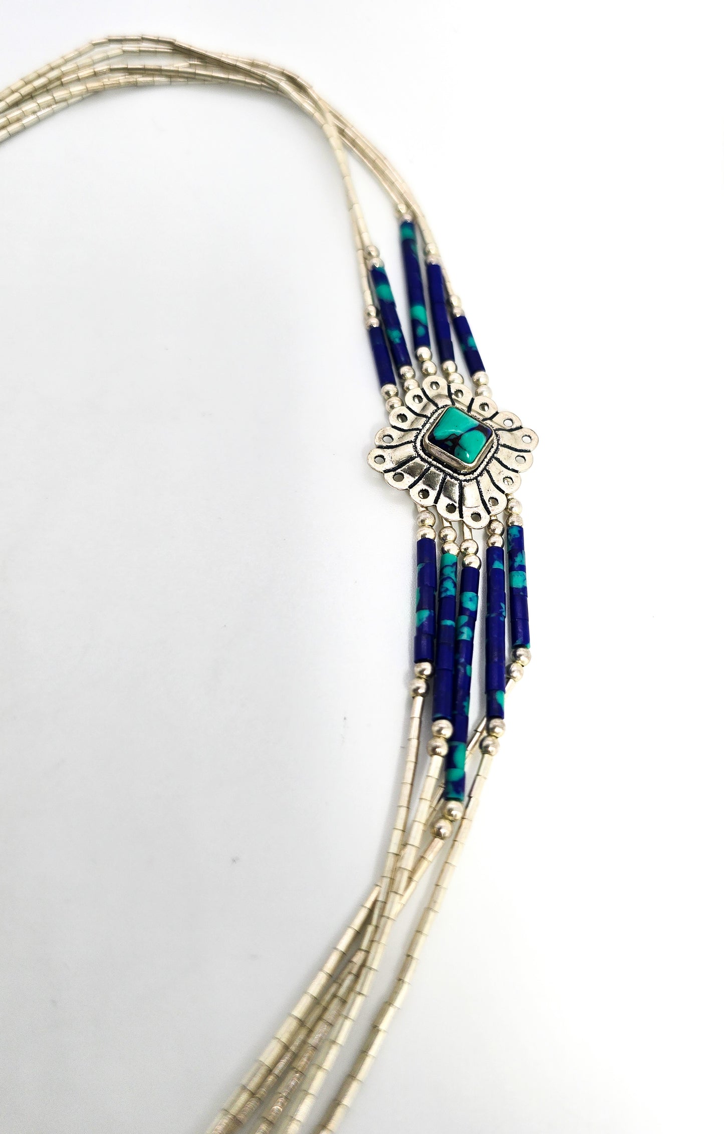 STC Liquid silver Chrysocolla Heishi tube bead sterling silver vintage concho necklace