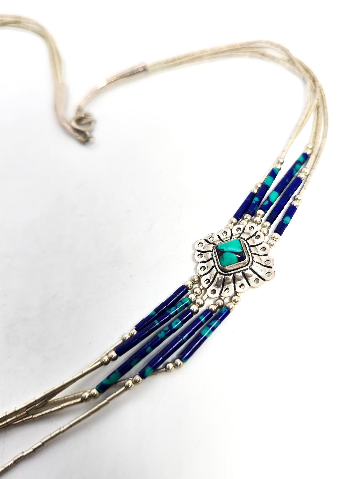 STC Liquid silver Chrysocolla Heishi tube bead sterling silver vintage concho necklace
