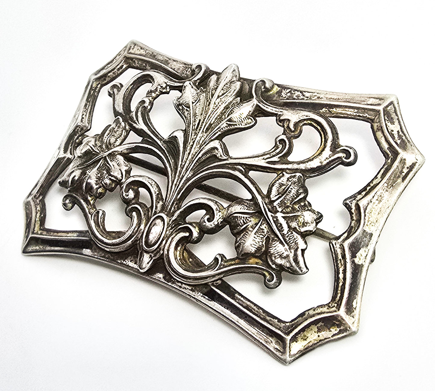 Art Nouveau cartouche repousse sterling silver front antique brooch