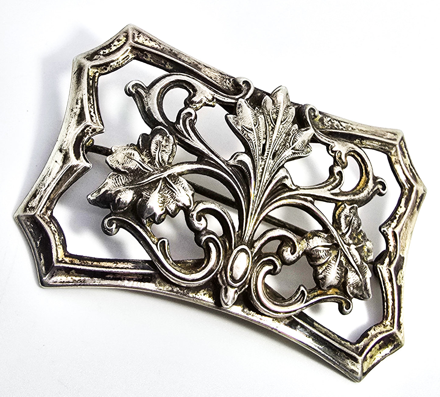 Art Nouveau cartouche repousse sterling silver front antique brooch