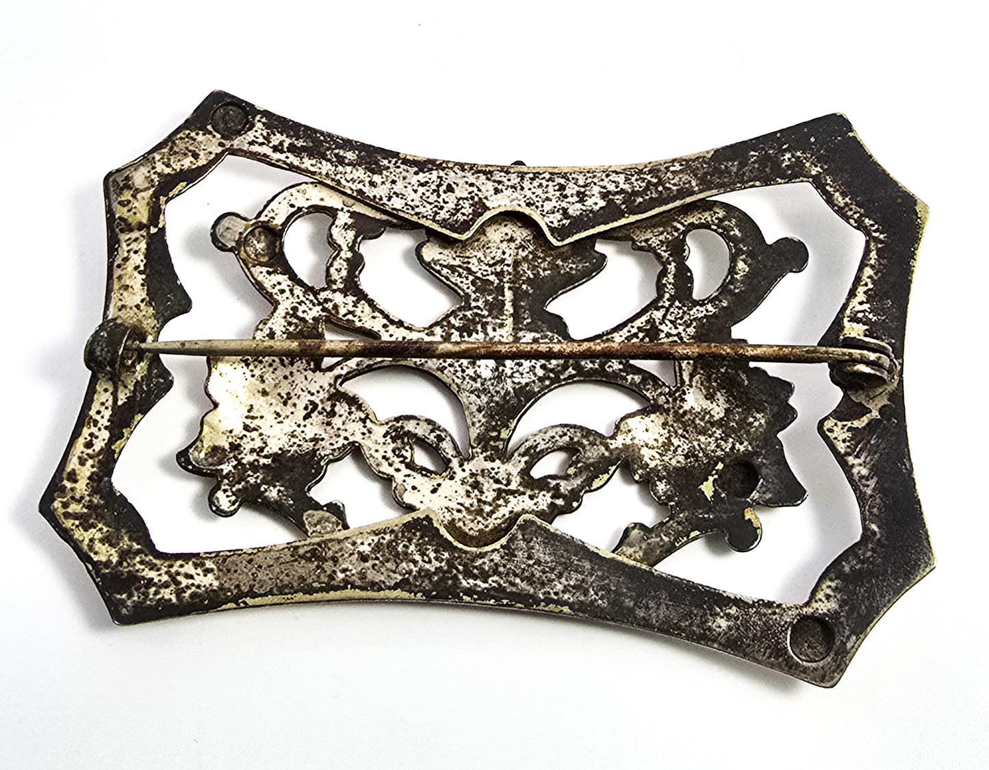 Art Nouveau cartouche repousse sterling silver front antique brooch