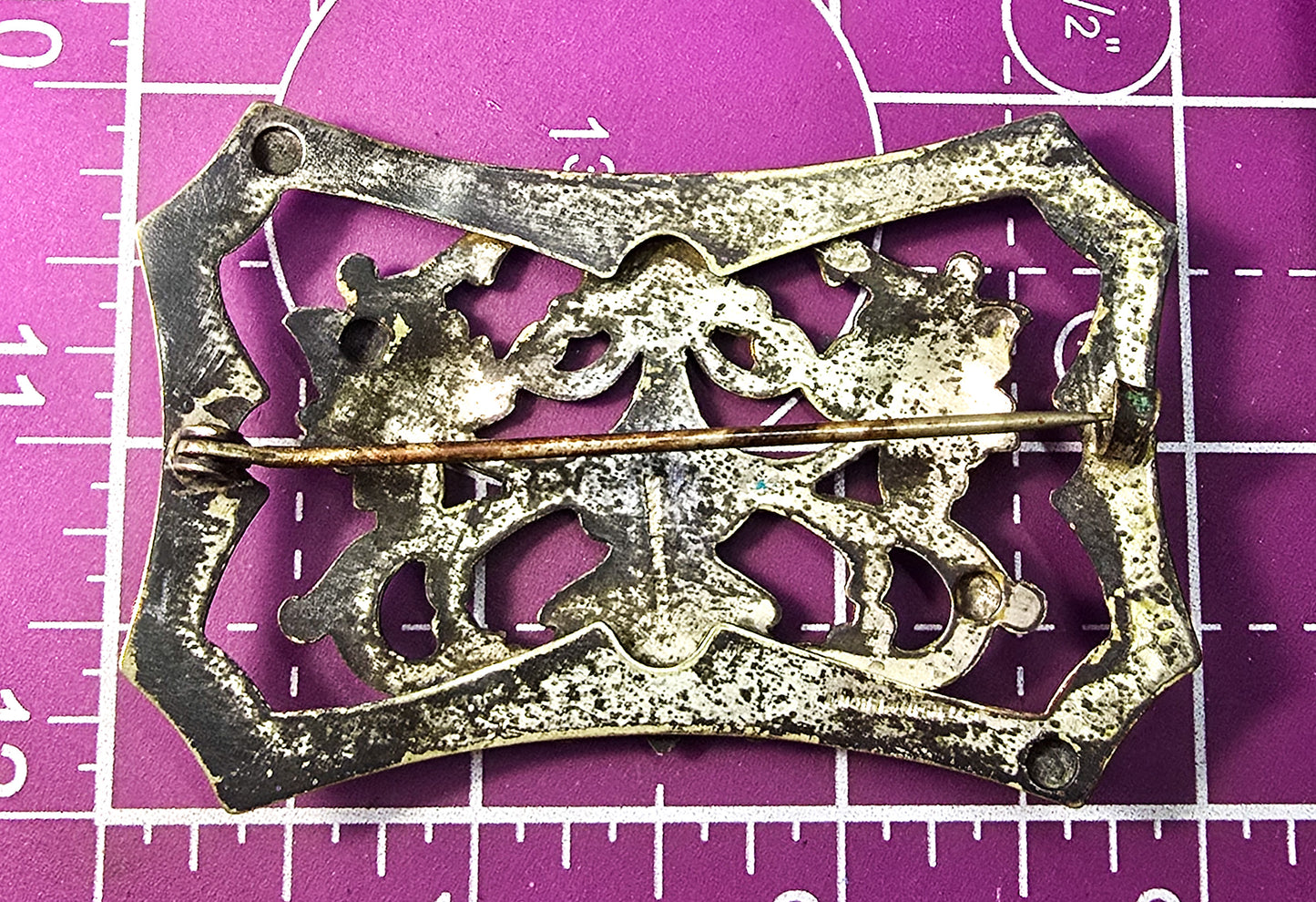 Art Nouveau cartouche repousse sterling silver front antique brooch