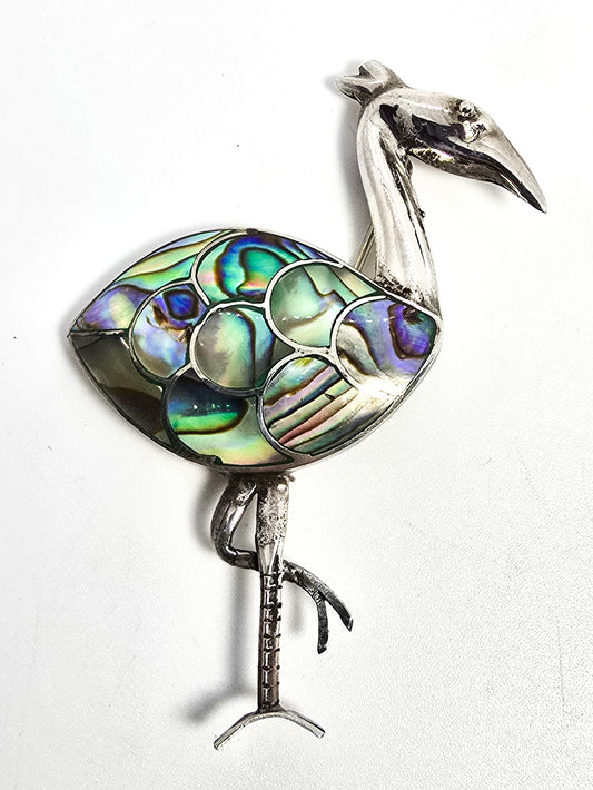 Heron bird avian Abalone Paua shell inlay vintage sterling silver brooch