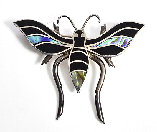Bee Abalone Paua shell and black onyx inlay vintage sterling silver brooch B