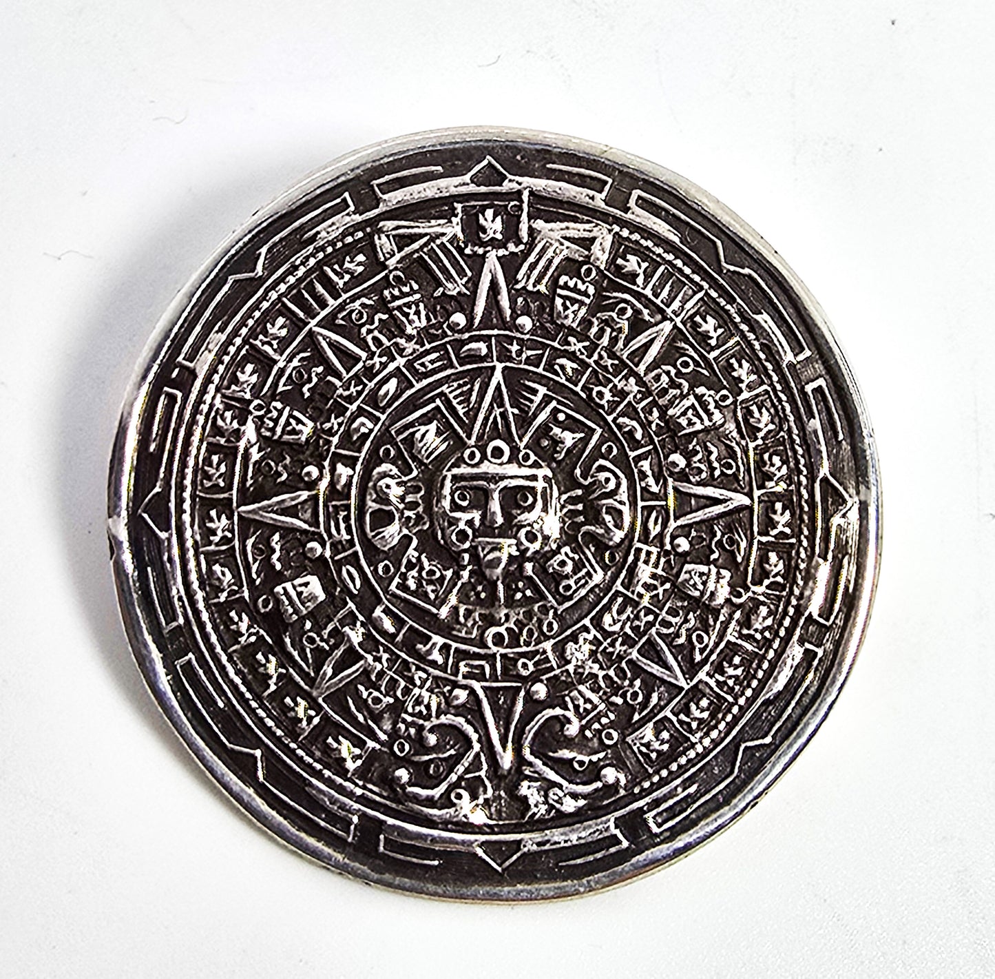 Aztec Calendar Taxco Mexico antique eagle mark sterling silver pendant brooch
