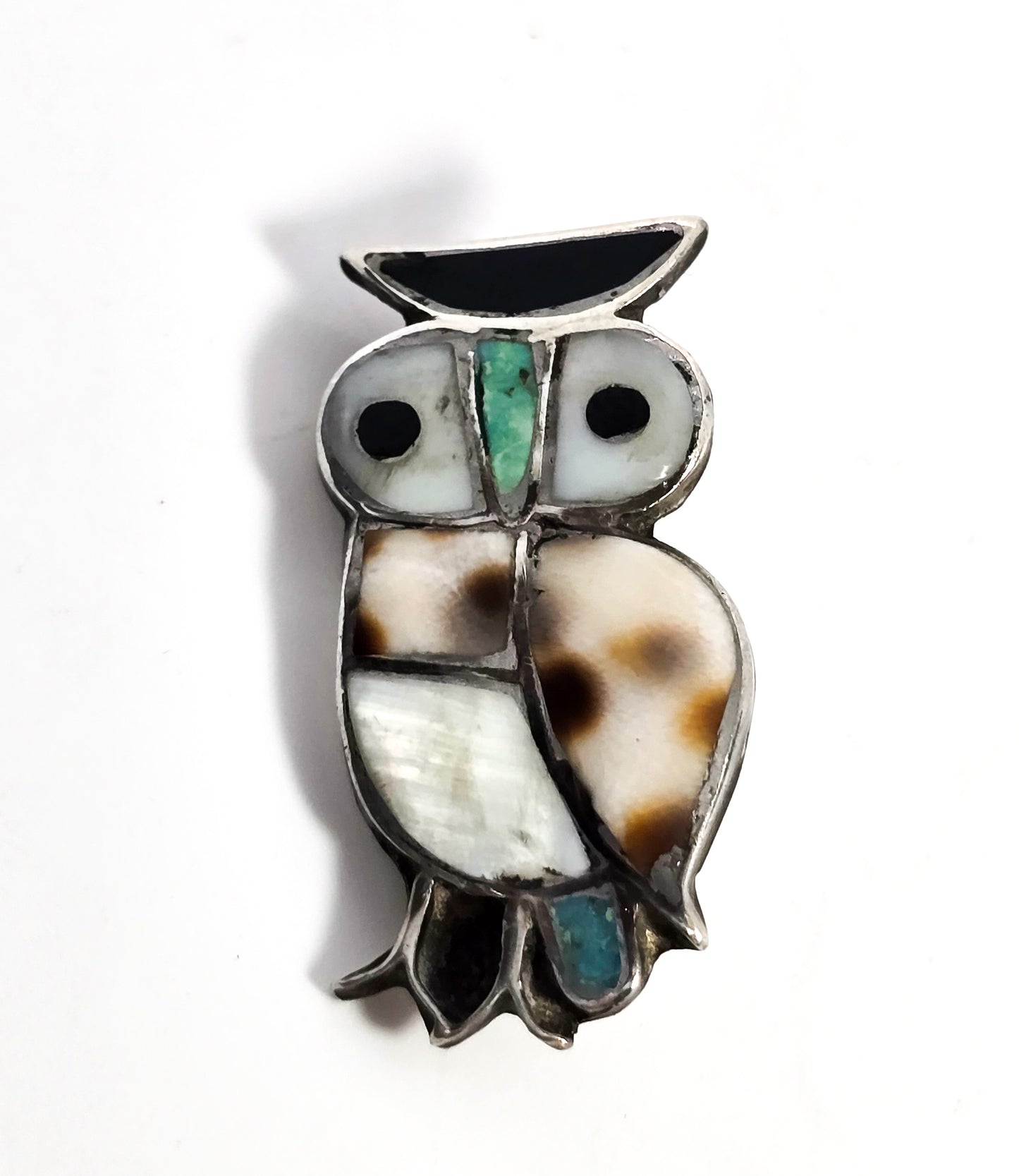 Owl Native American Zuni turquoise gemstone inlay Sterling silver vintage brooch