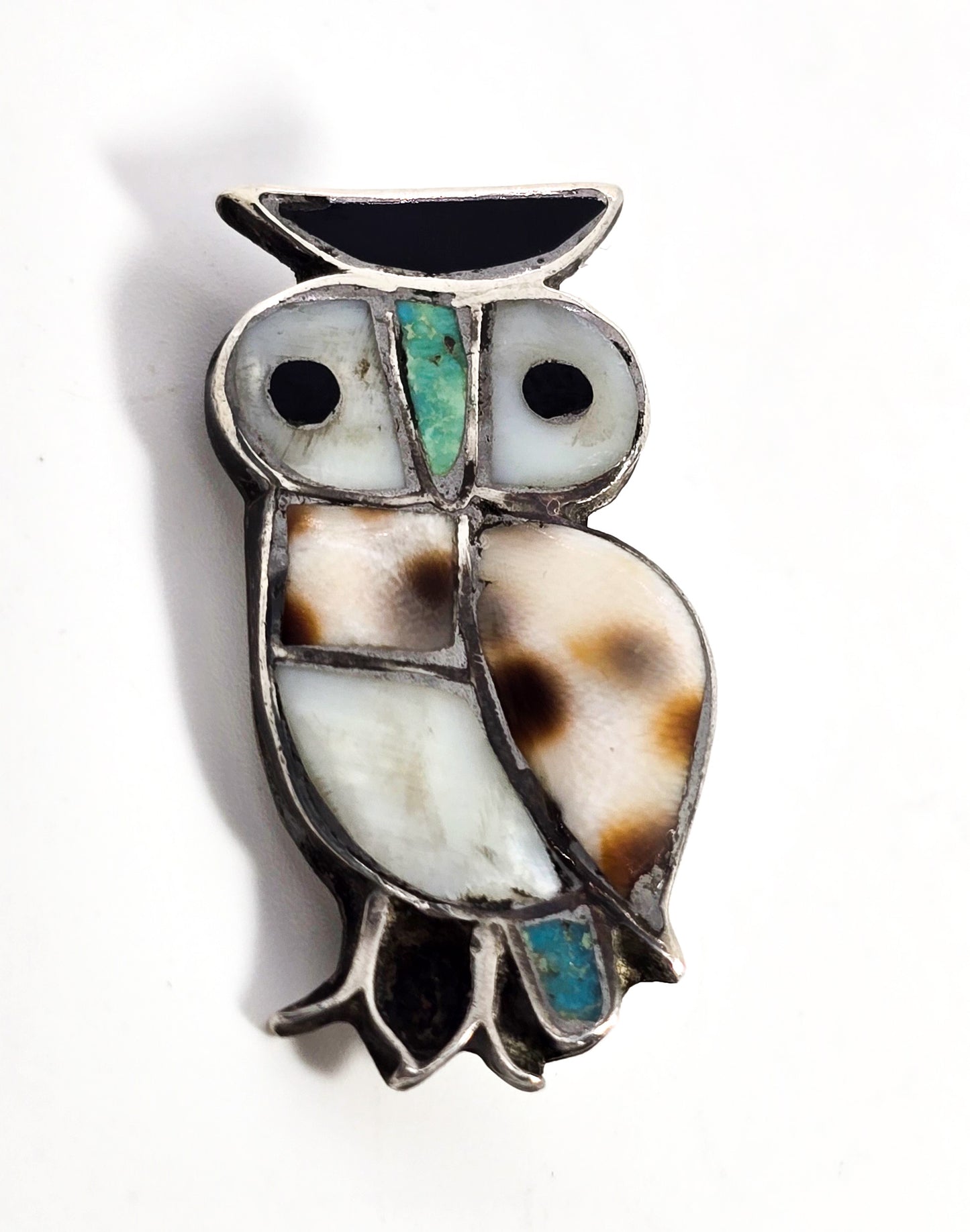 Owl Native American Zuni turquoise gemstone inlay Sterling silver vintage brooch