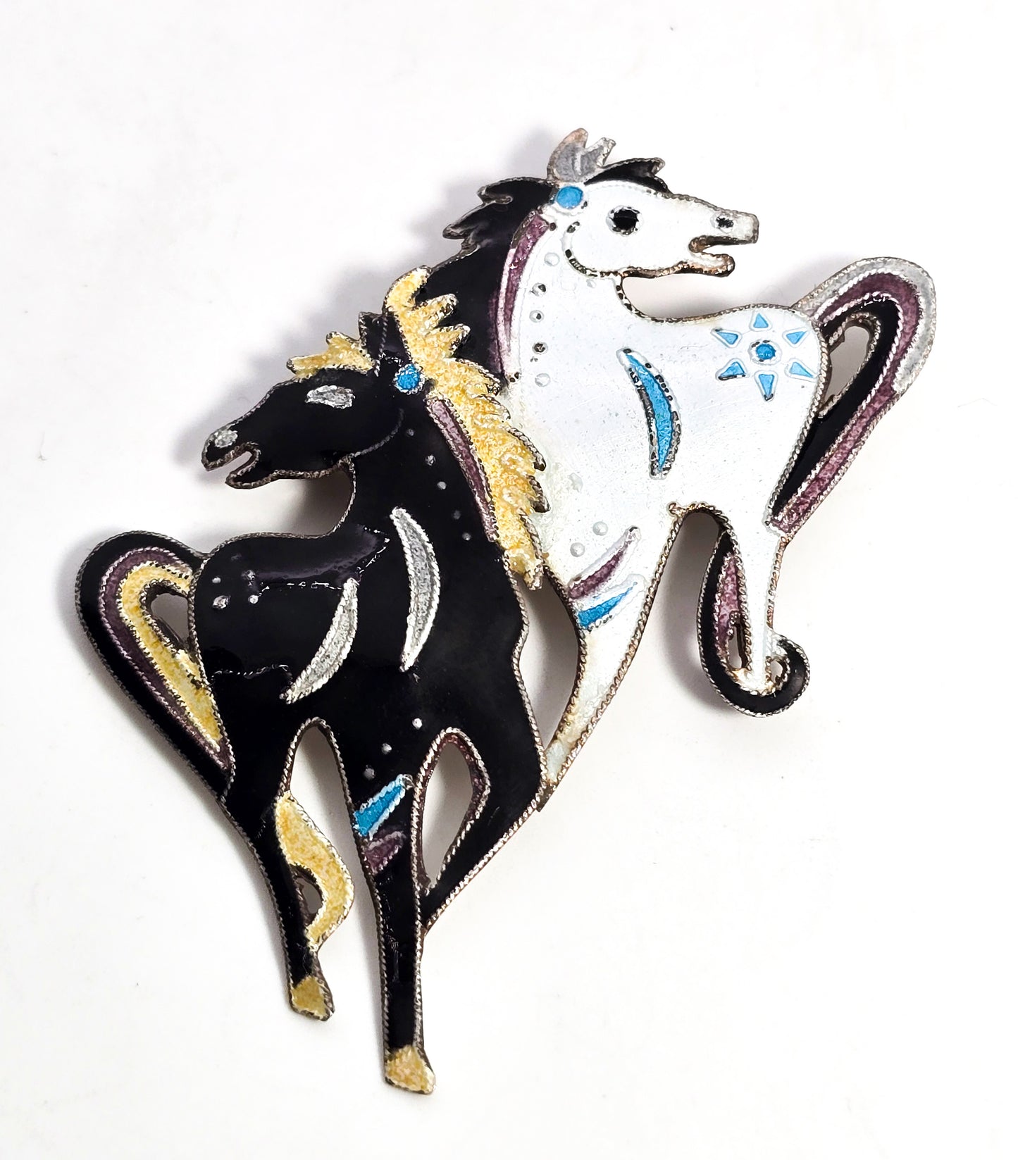 Zarah black and white stallion double horse enamel sterling silver signed brooch
