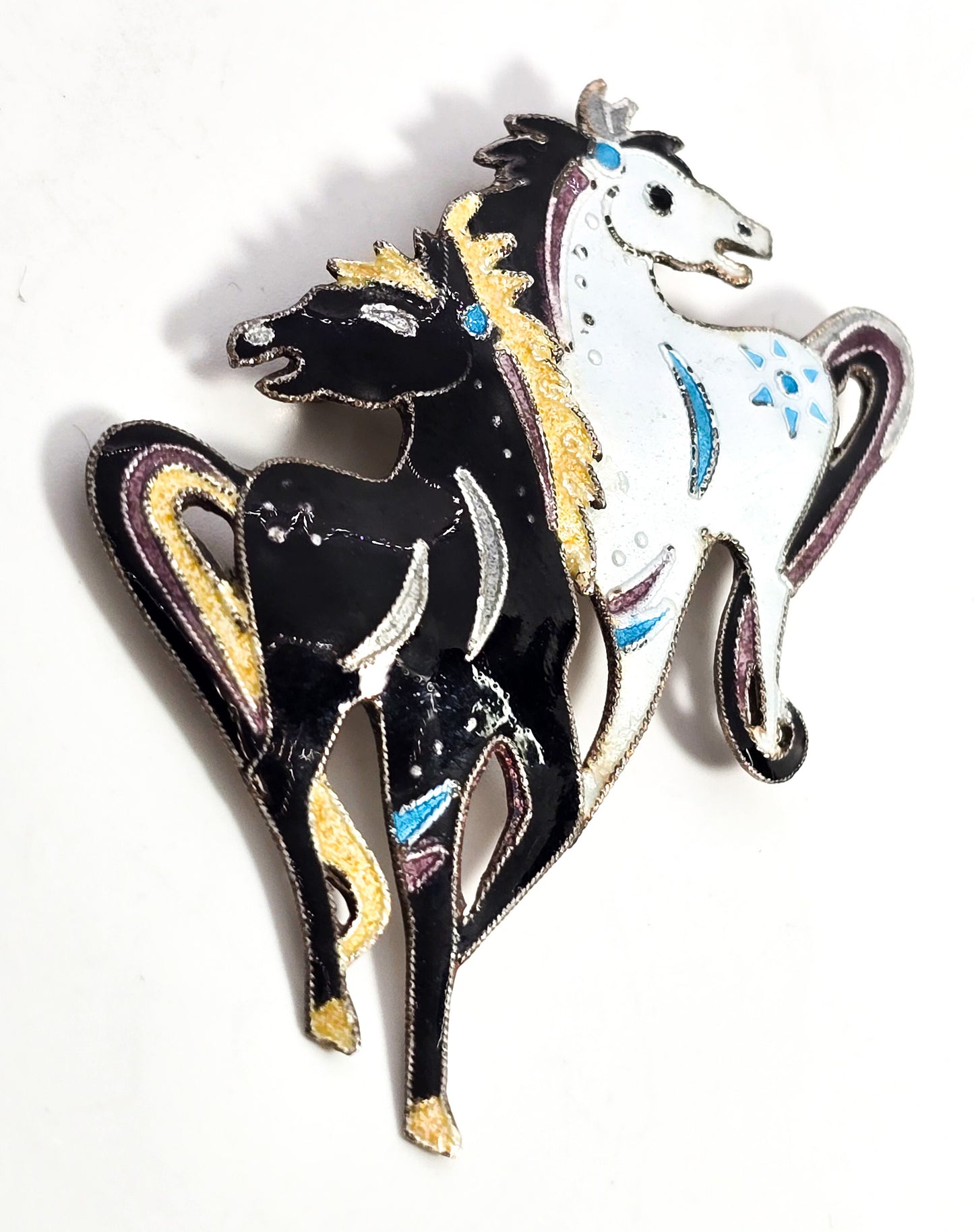 Zarah black and white stallion double horse enamel sterling silver signed brooch