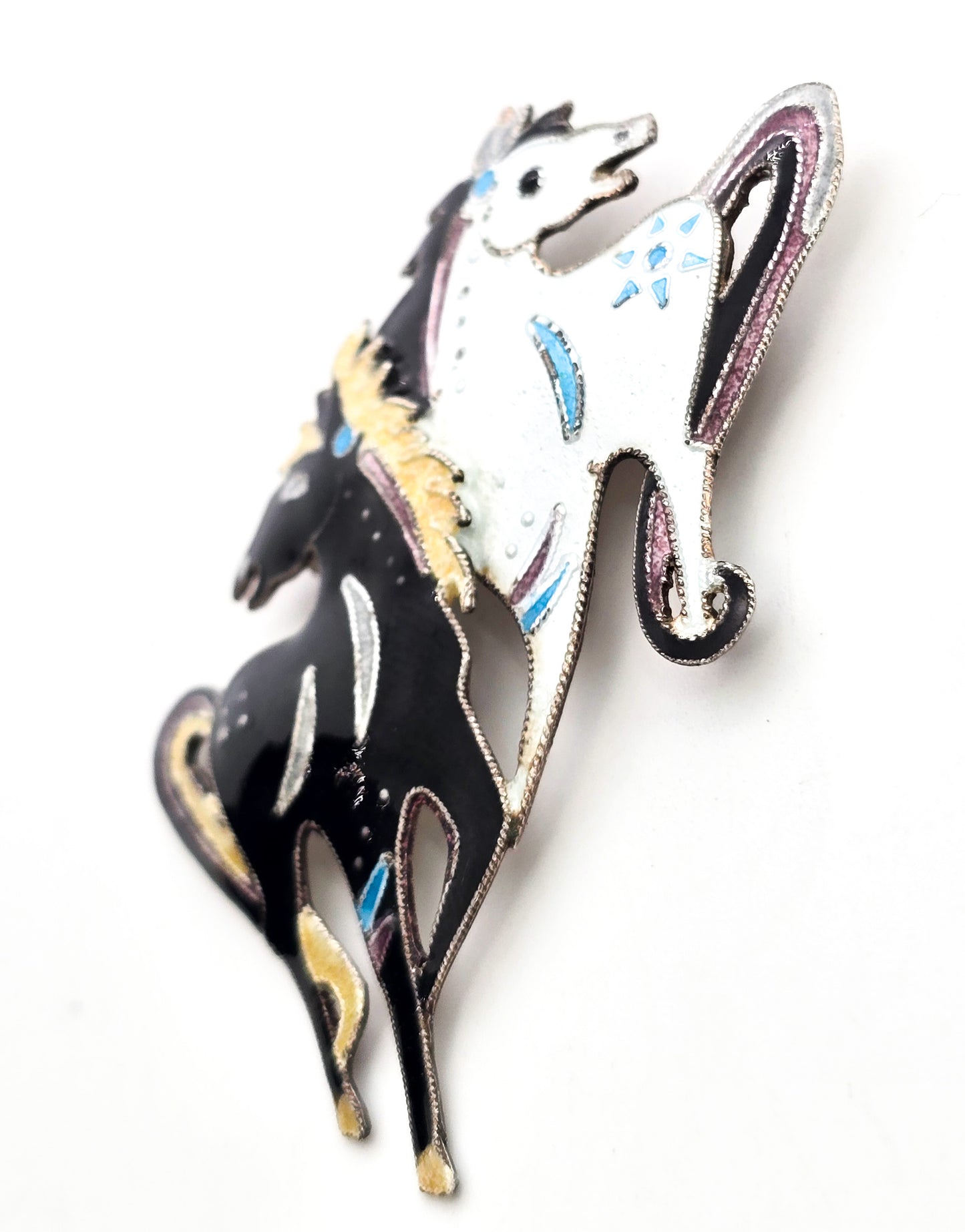 Zarah black and white stallion double horse enamel sterling silver signed brooch