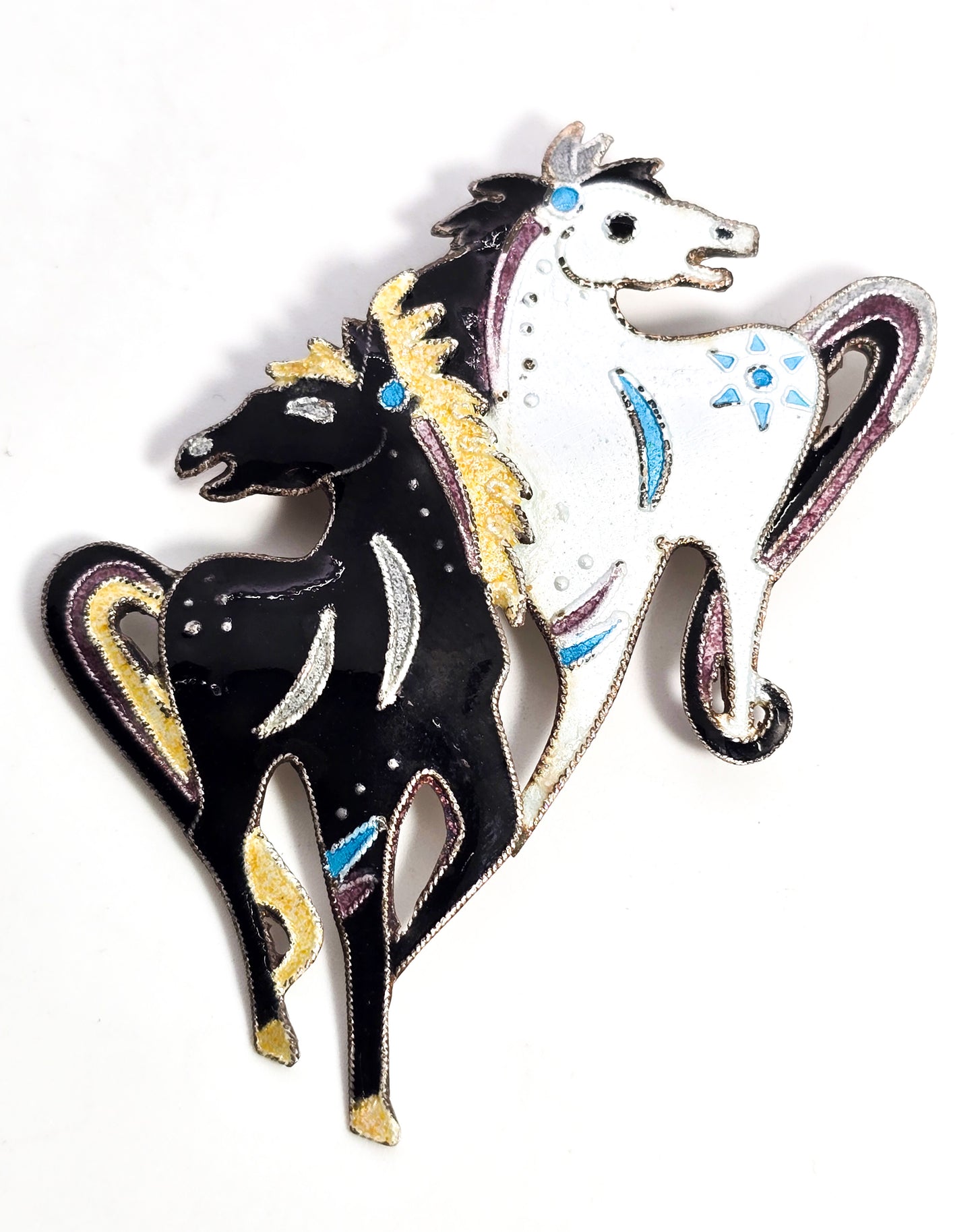 Zarah black and white stallion double horse enamel sterling silver signed brooch