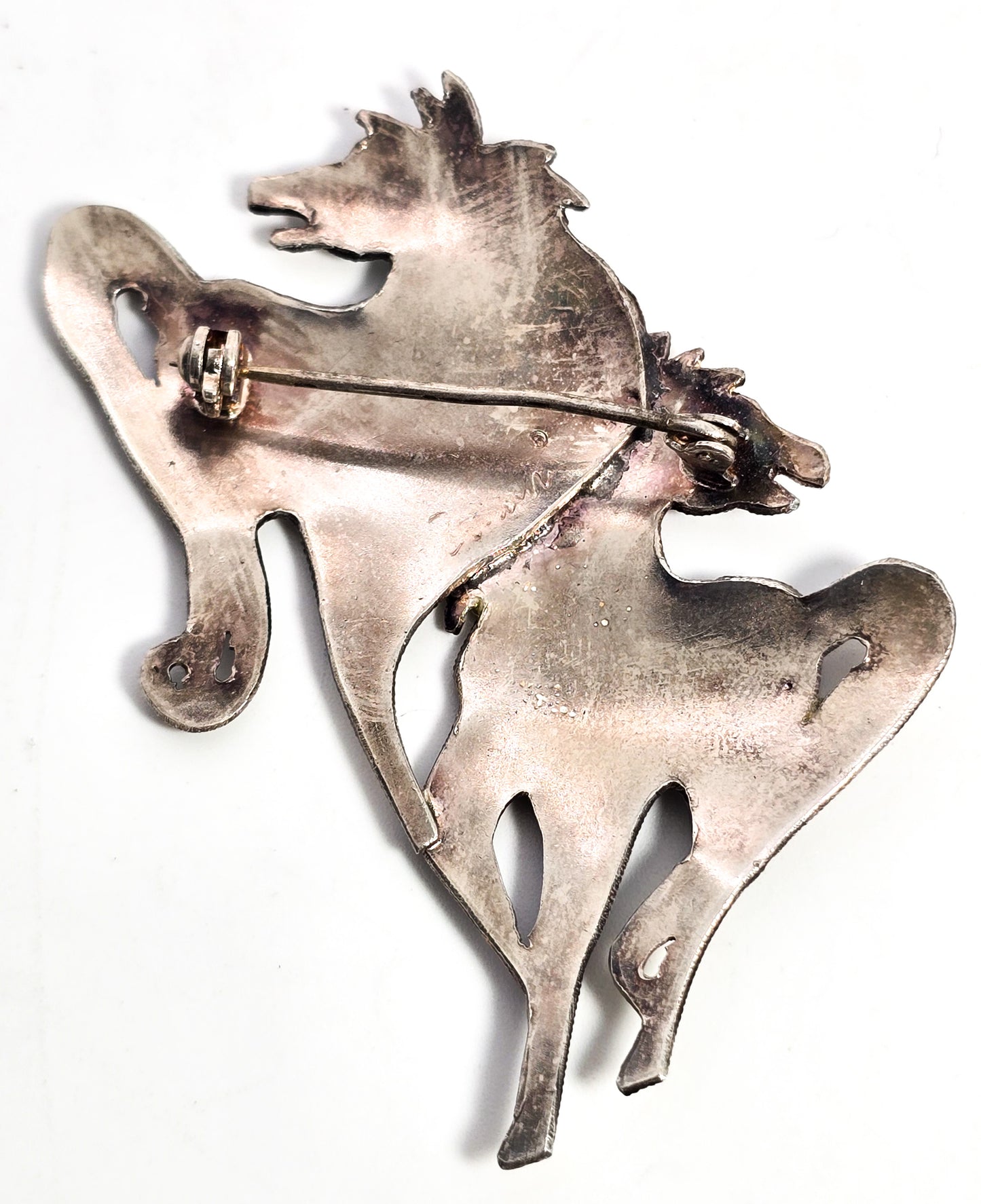 Zarah black and white stallion double horse enamel sterling silver signed brooch