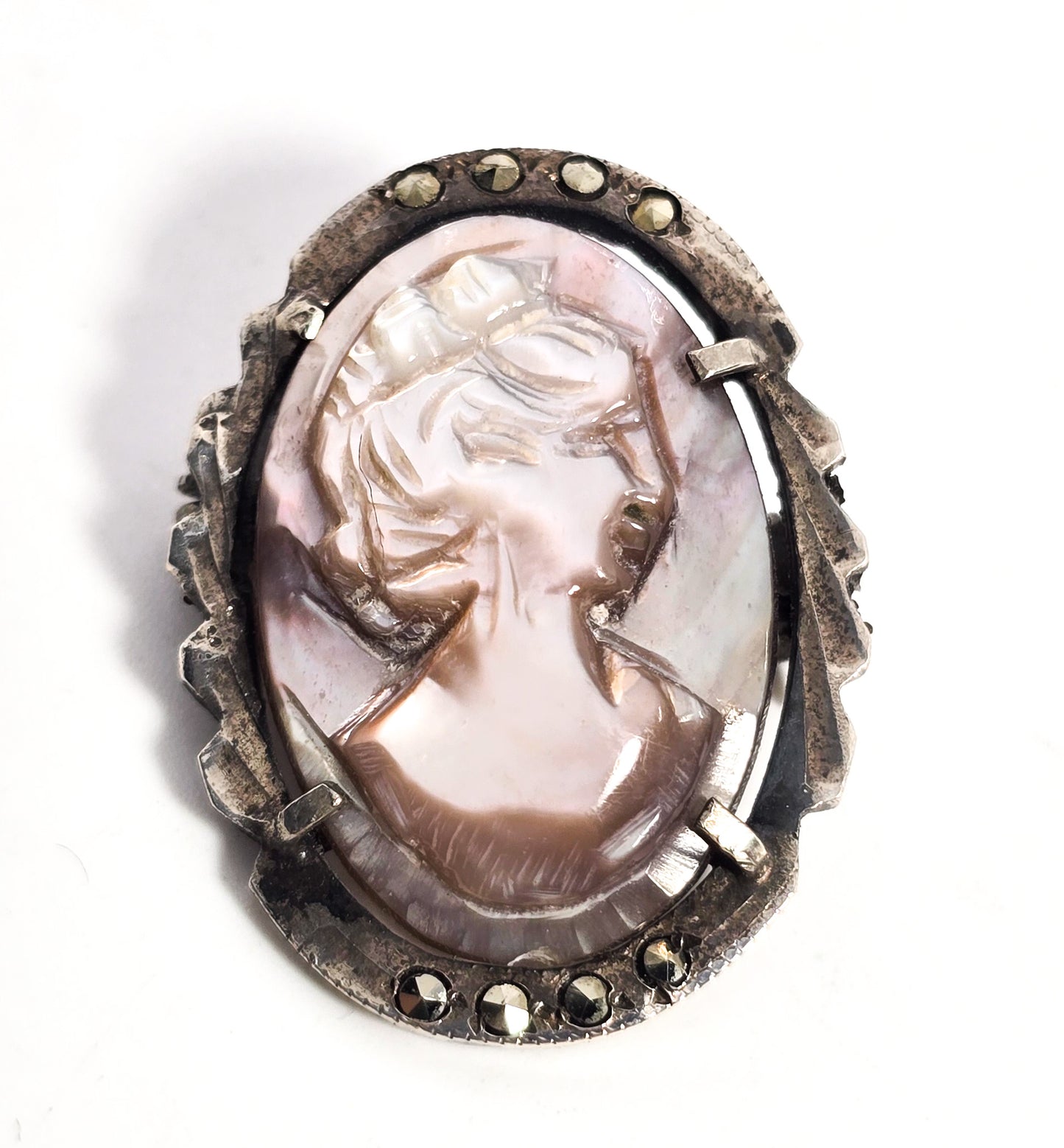 Cameo marcasite Mother of Pearl MOP carved shell sterling silver pendant brooch 800