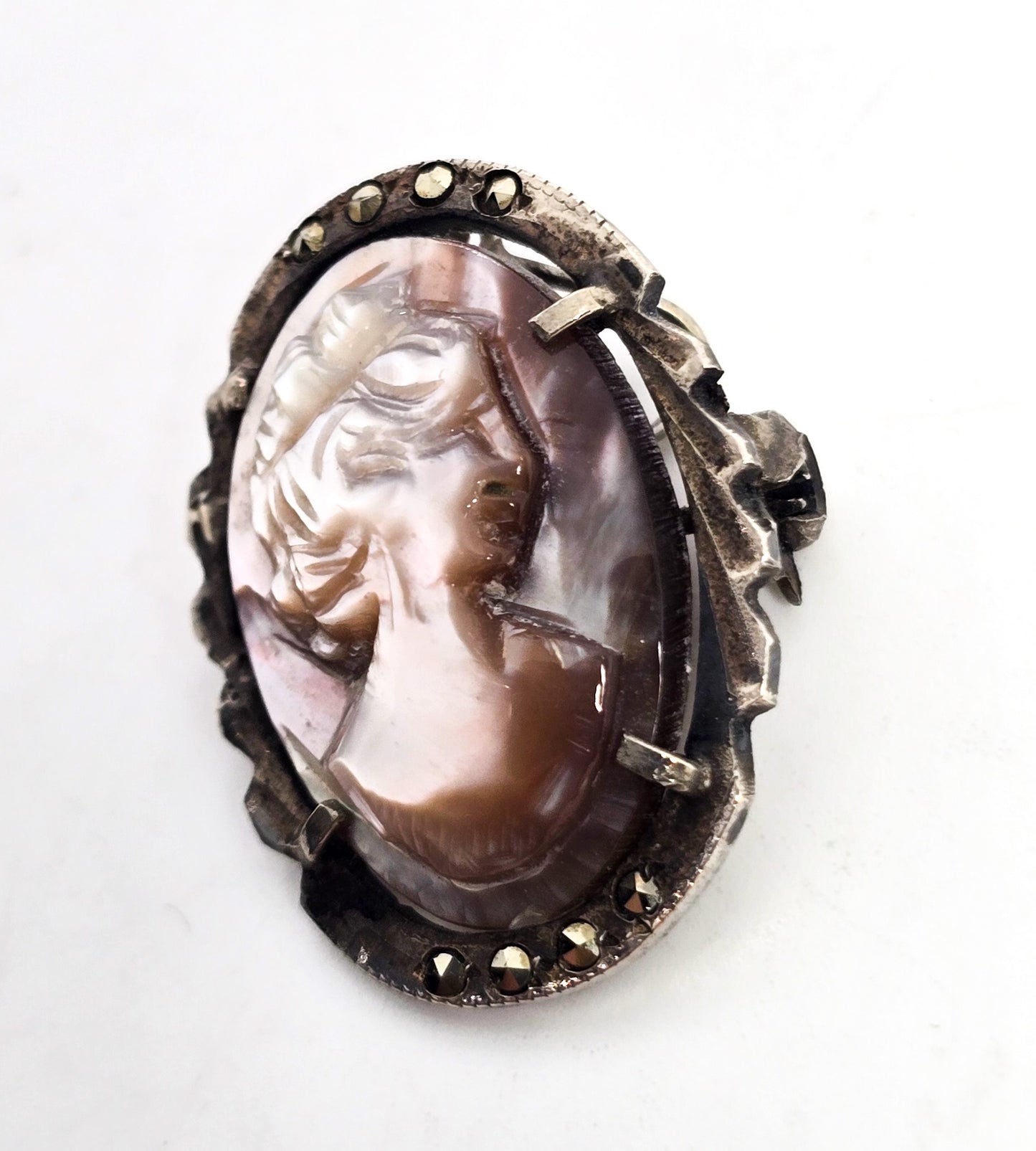 Cameo marcasite Mother of Pearl MOP carved shell sterling silver pendant brooch 800