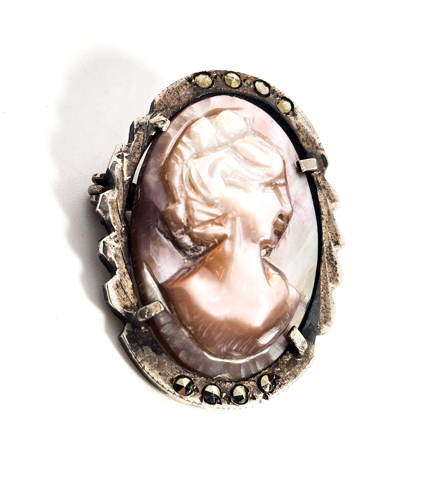 Cameo marcasite Mother of Pearl MOP carved shell sterling silver pendant brooch 800