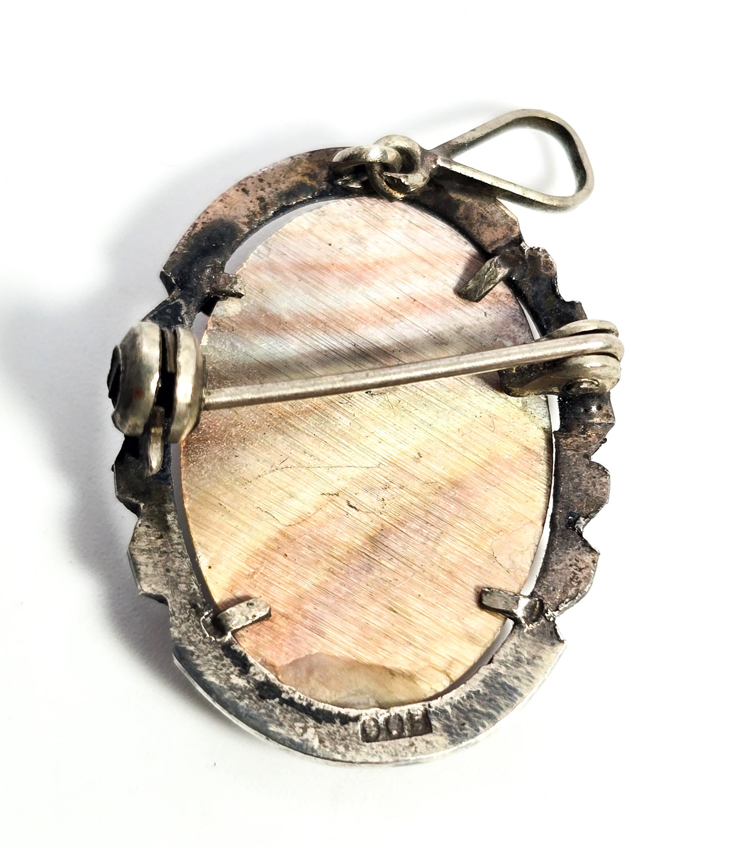 Cameo marcasite Mother of Pearl MOP carved shell sterling silver pendant brooch 800