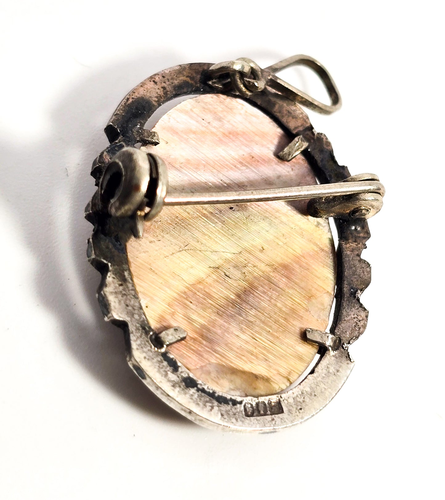 Cameo marcasite Mother of Pearl MOP carved shell sterling silver pendant brooch 800