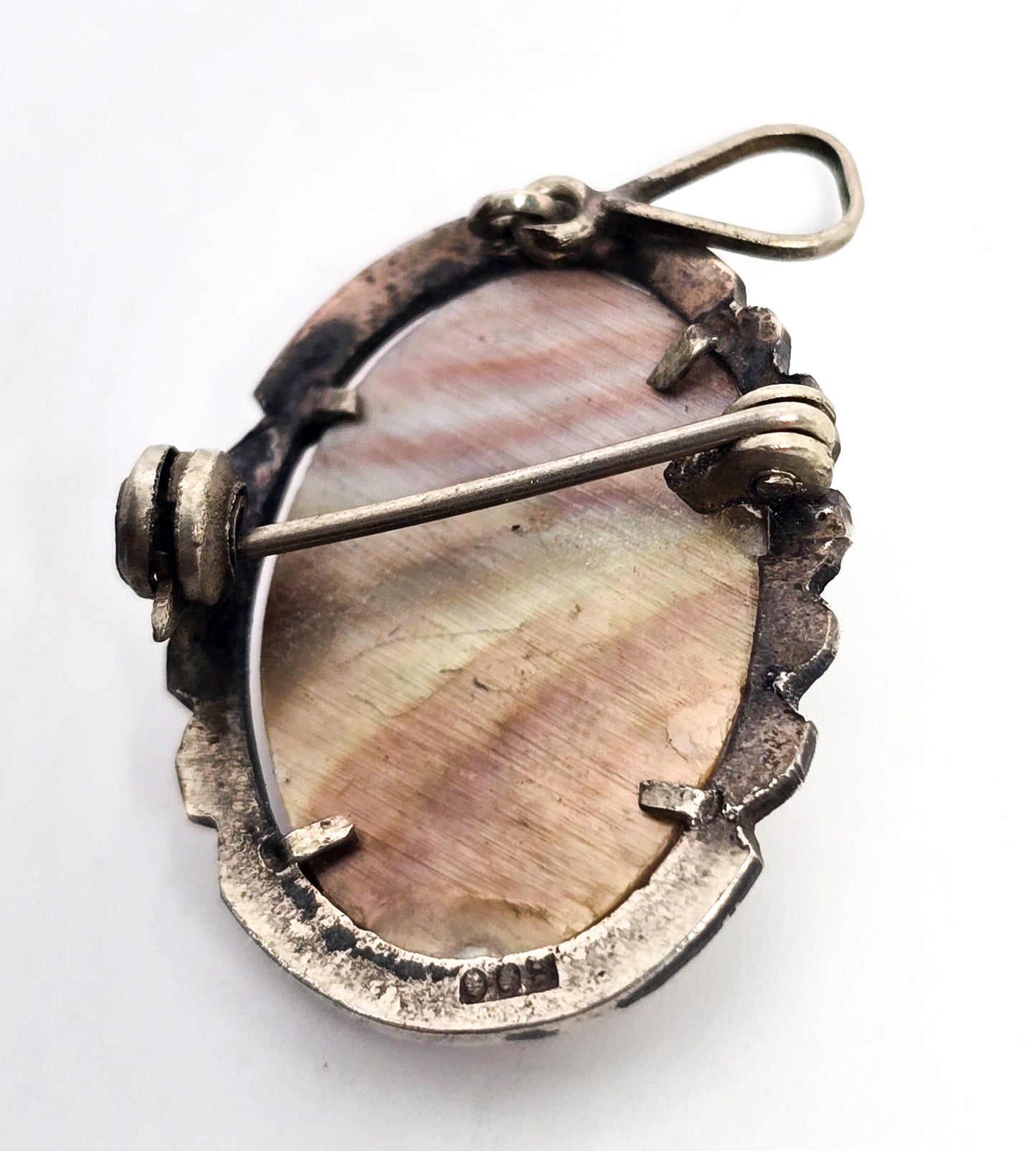 Cameo marcasite Mother of Pearl MOP carved shell sterling silver pendant brooch 800