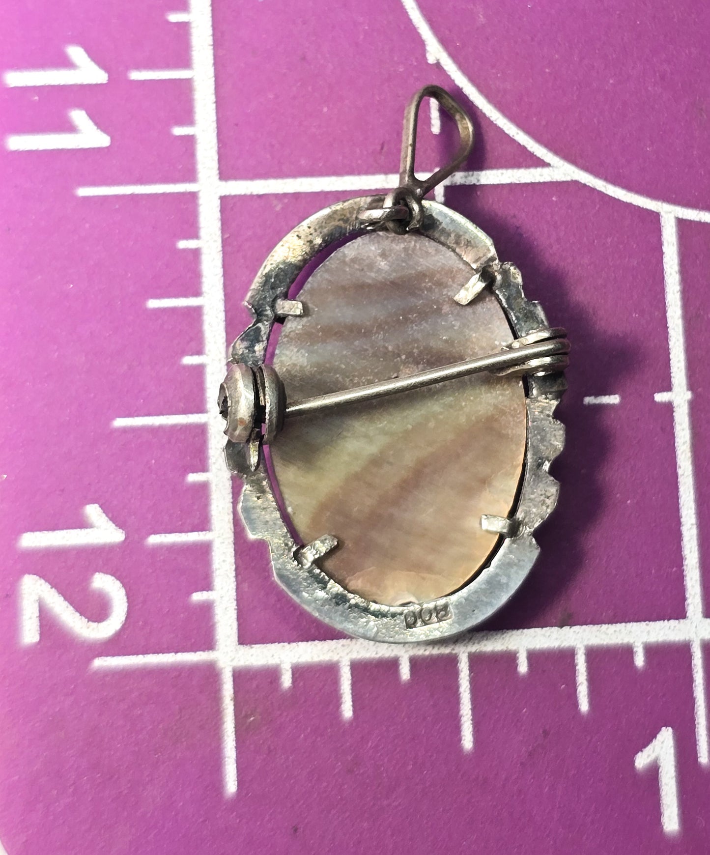 Cameo marcasite Mother of Pearl MOP carved shell sterling silver pendant brooch 800