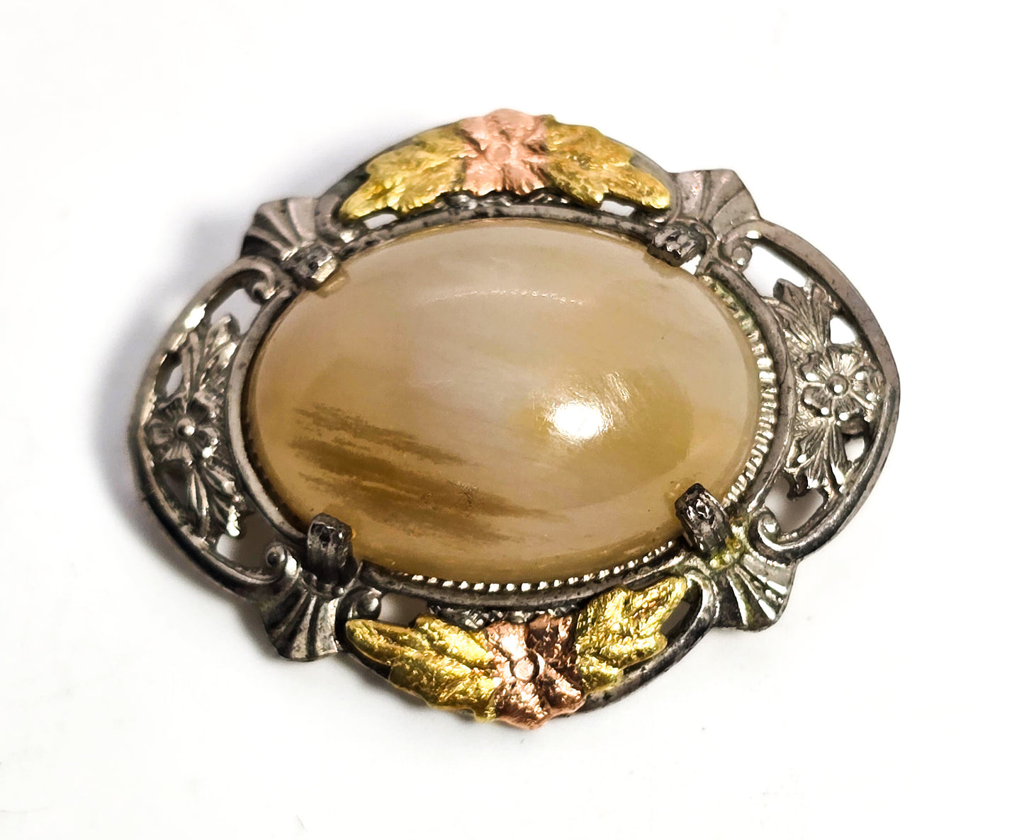 Black Hills Gold L.S. Peterson vintage sterling silver Agate gold accent brooch