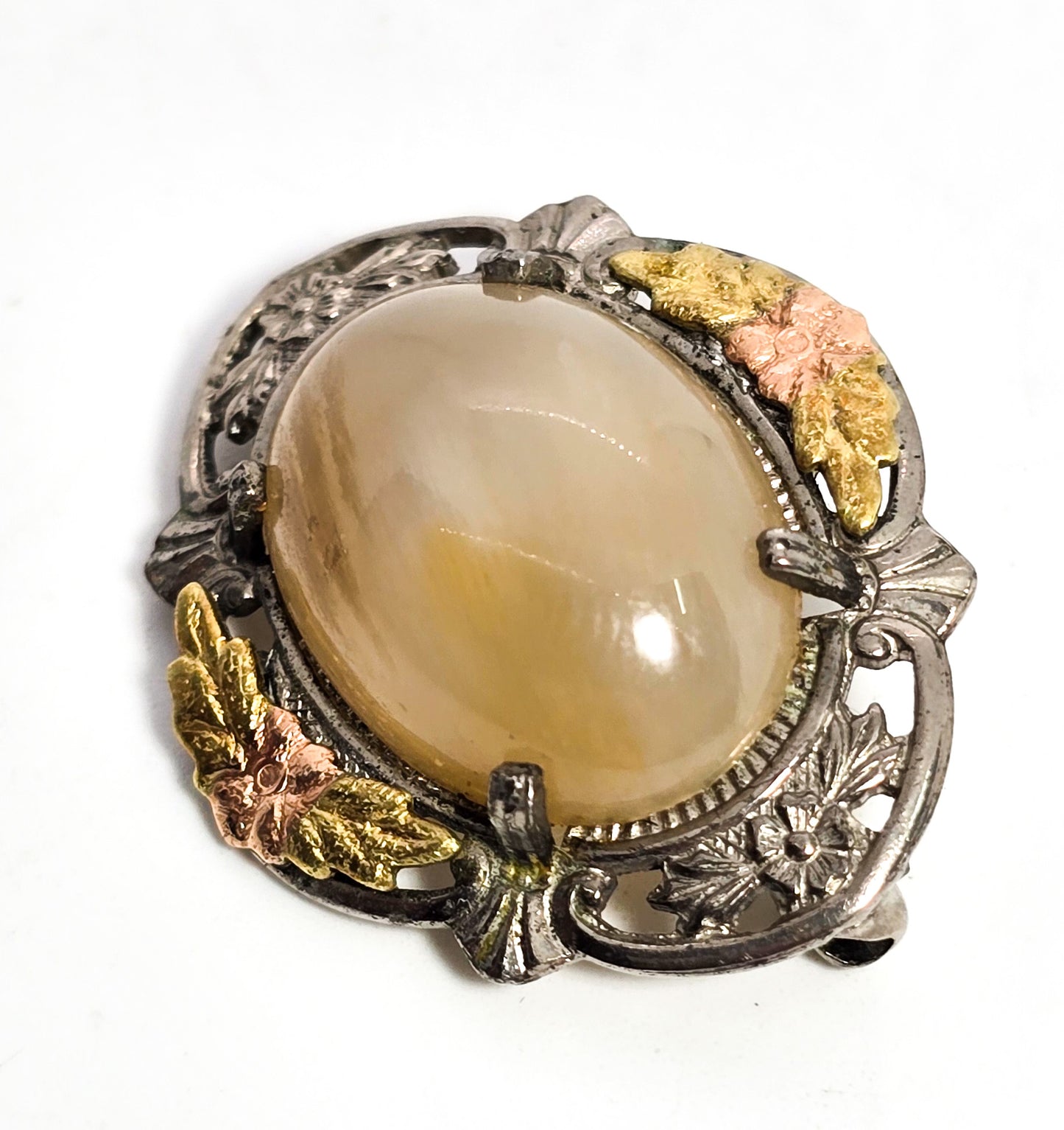 Black Hills Gold L.S. Peterson vintage sterling silver Agate gold accent brooch