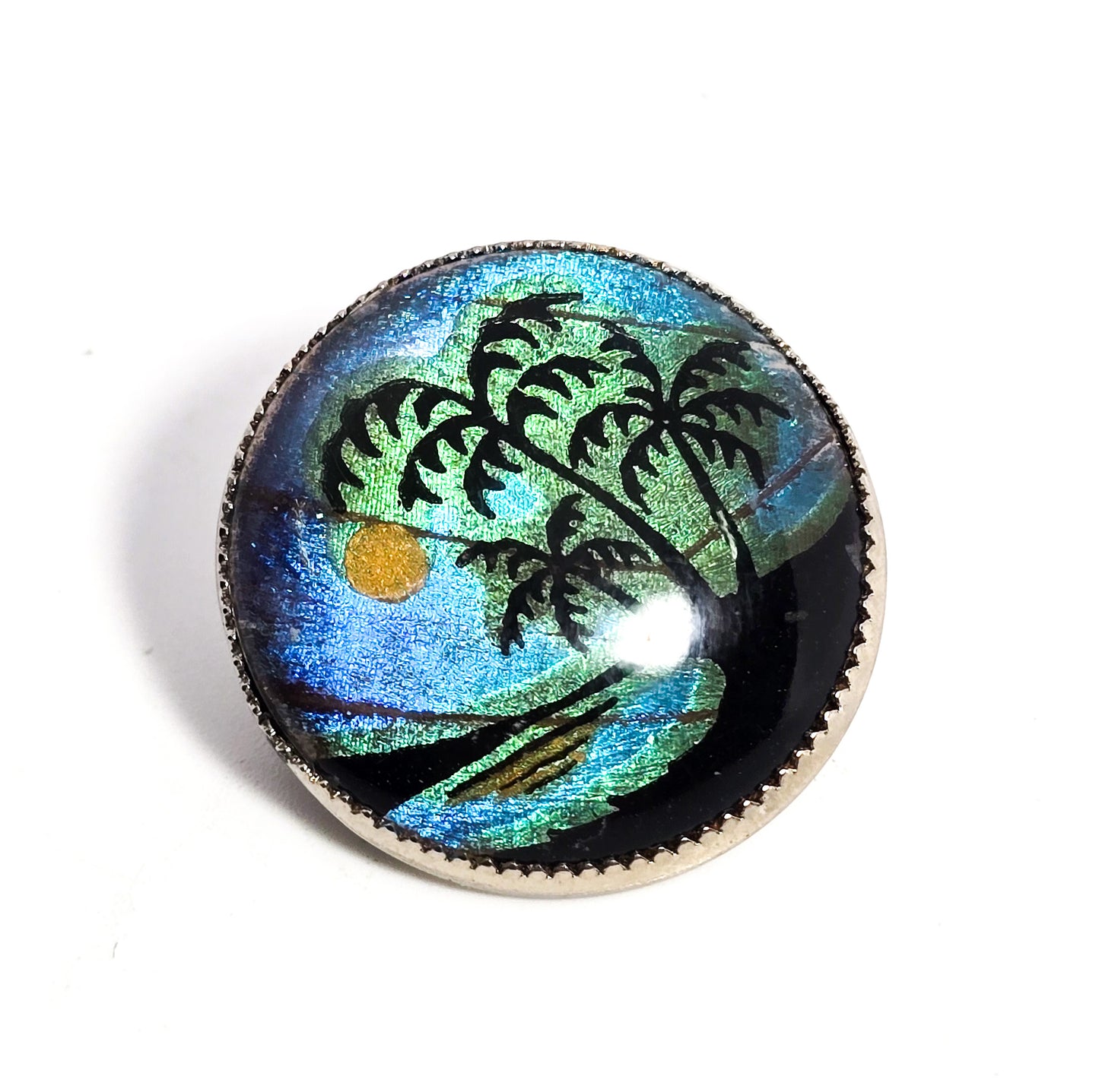 Butterfly wing palm tree beach hand painted vintage silver toned brooch